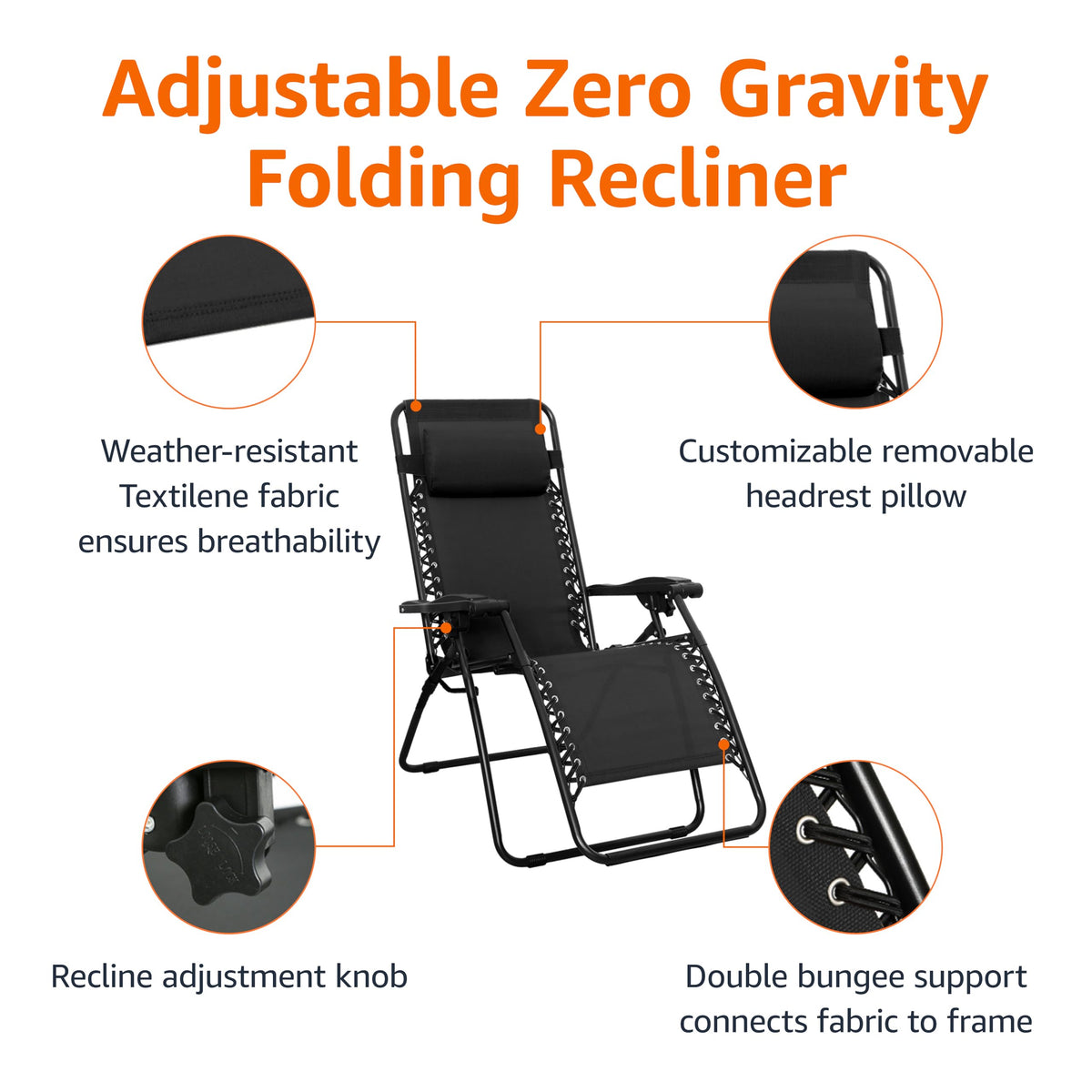 Amazon Basics Zero Gravity Lounge Chair with Pillow, Foldable Outdoor Reclining Chair for Patio and Beach, Weather-Resistant Textilene, 300 lb Capacity, 26", Black