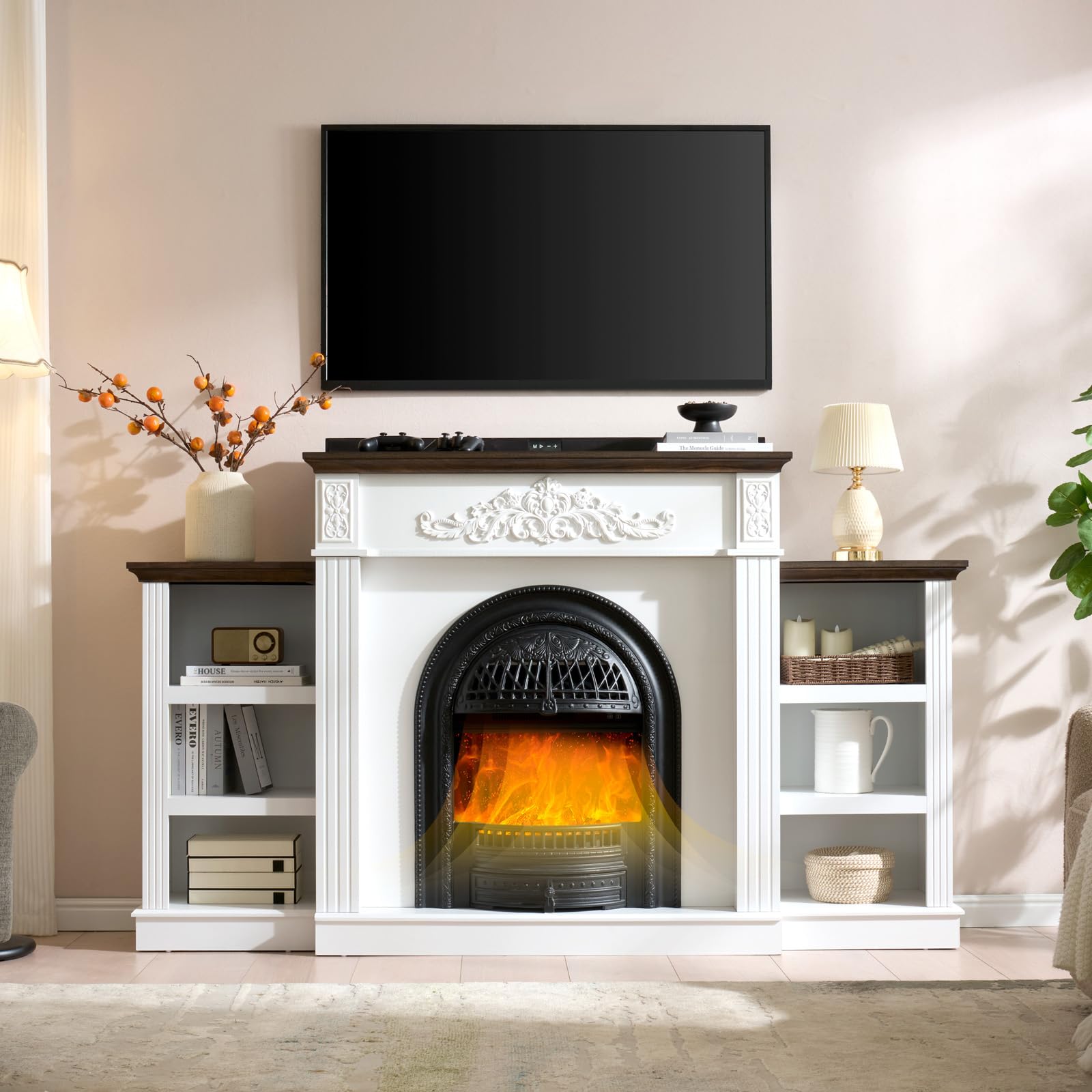 46" Tall Birdcage Electric Fireplace TV Stand with Mantel & Storage