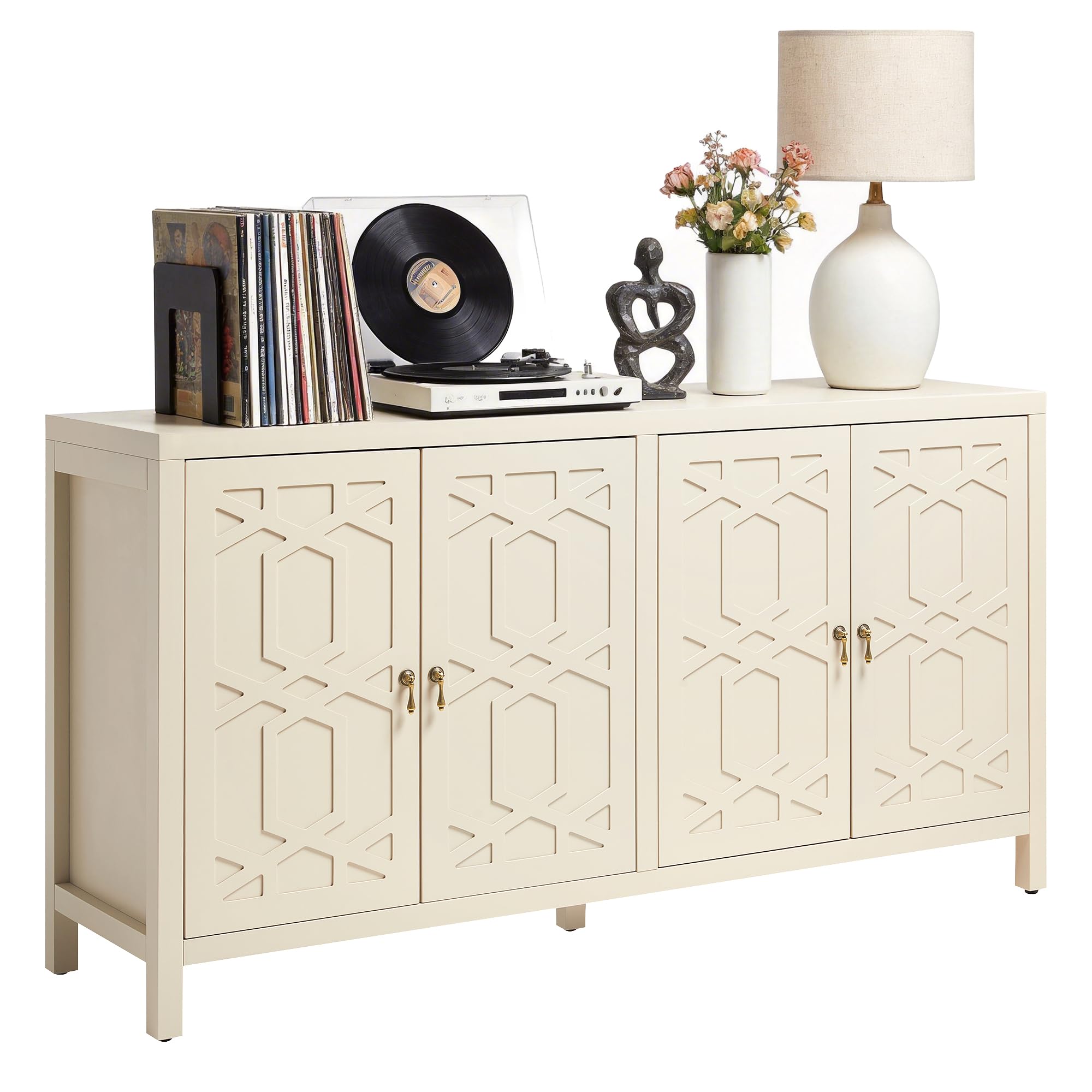 RoyalCraft Buffet Cabinet with Storage, 60" W Modern Coffee Bar Sideboard with 4 Doors & Adjustable Shelves, Painted Wooden Credenza for Dining Room, Kitchen, Living Room, Beige