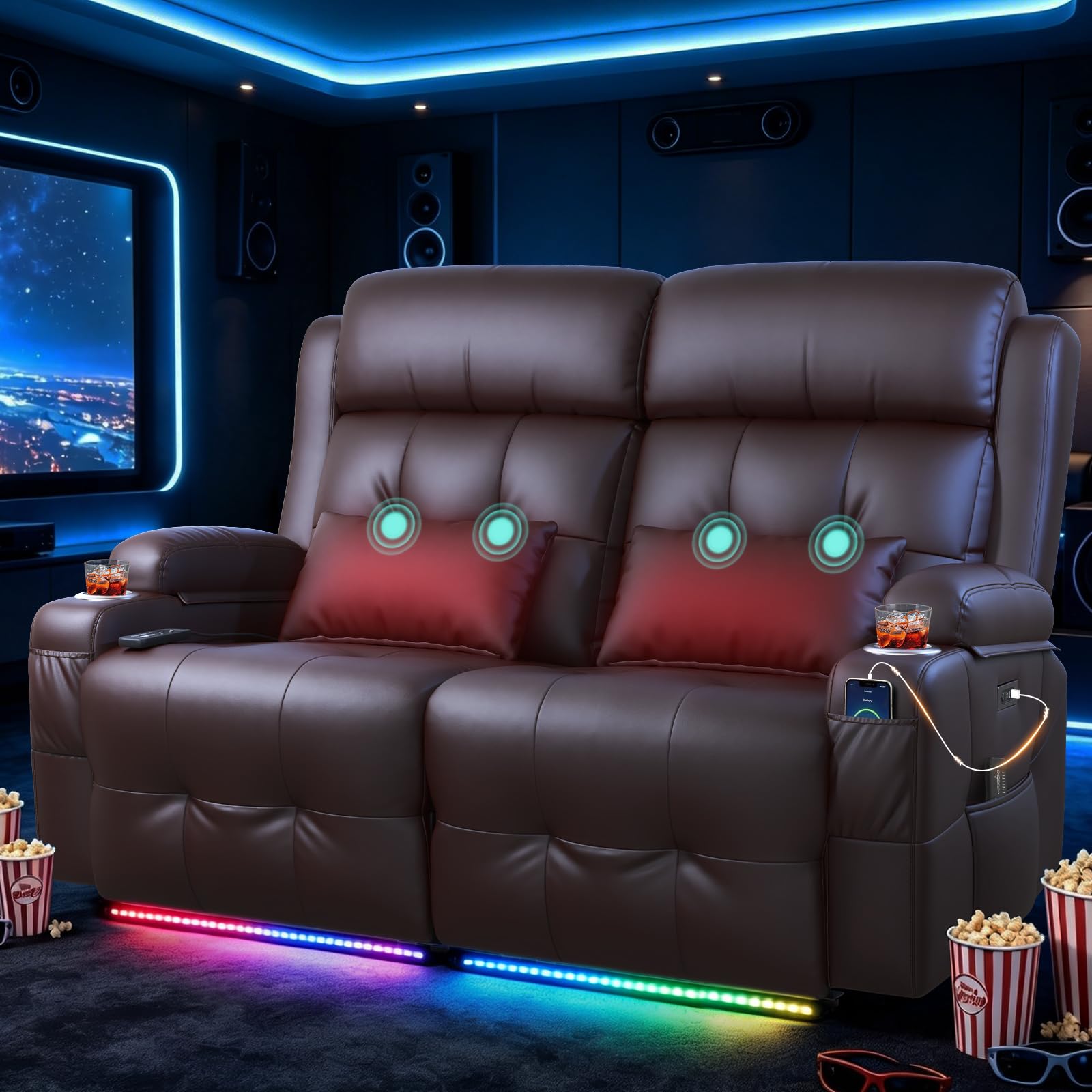 Aotolo Power Reclining Loveseat with Massage & Heat,Wall Hugger Home Theater Seating with LED Lights,USB & Type-C Ports, Ideal for RV, Home Theater and Living Room,Brown,2 Seats