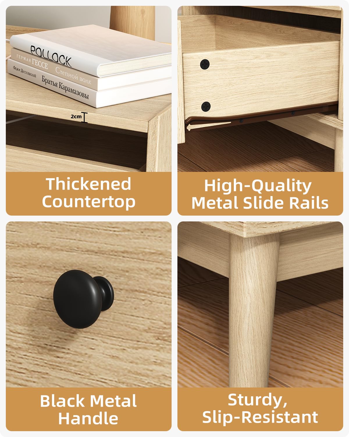 24" Wide Nightstand Set of 2, Hidden Charging Station, 2 Drawers Night Stand with Pull-Out Shelf, Modern Beside End Table for Bedroom, Living Room, Closet, Natural Wood