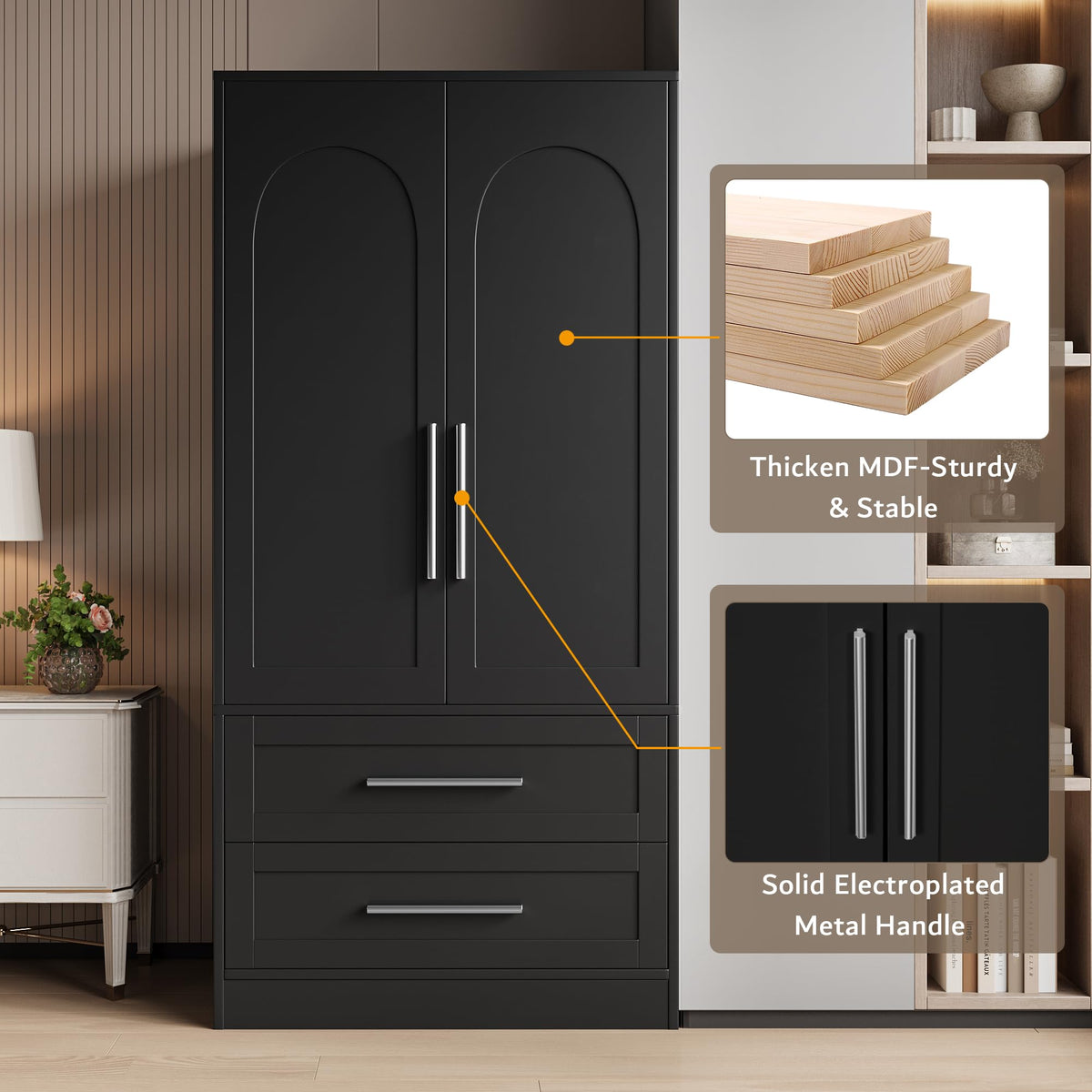 Black Armoire Wardrobe with Drawers