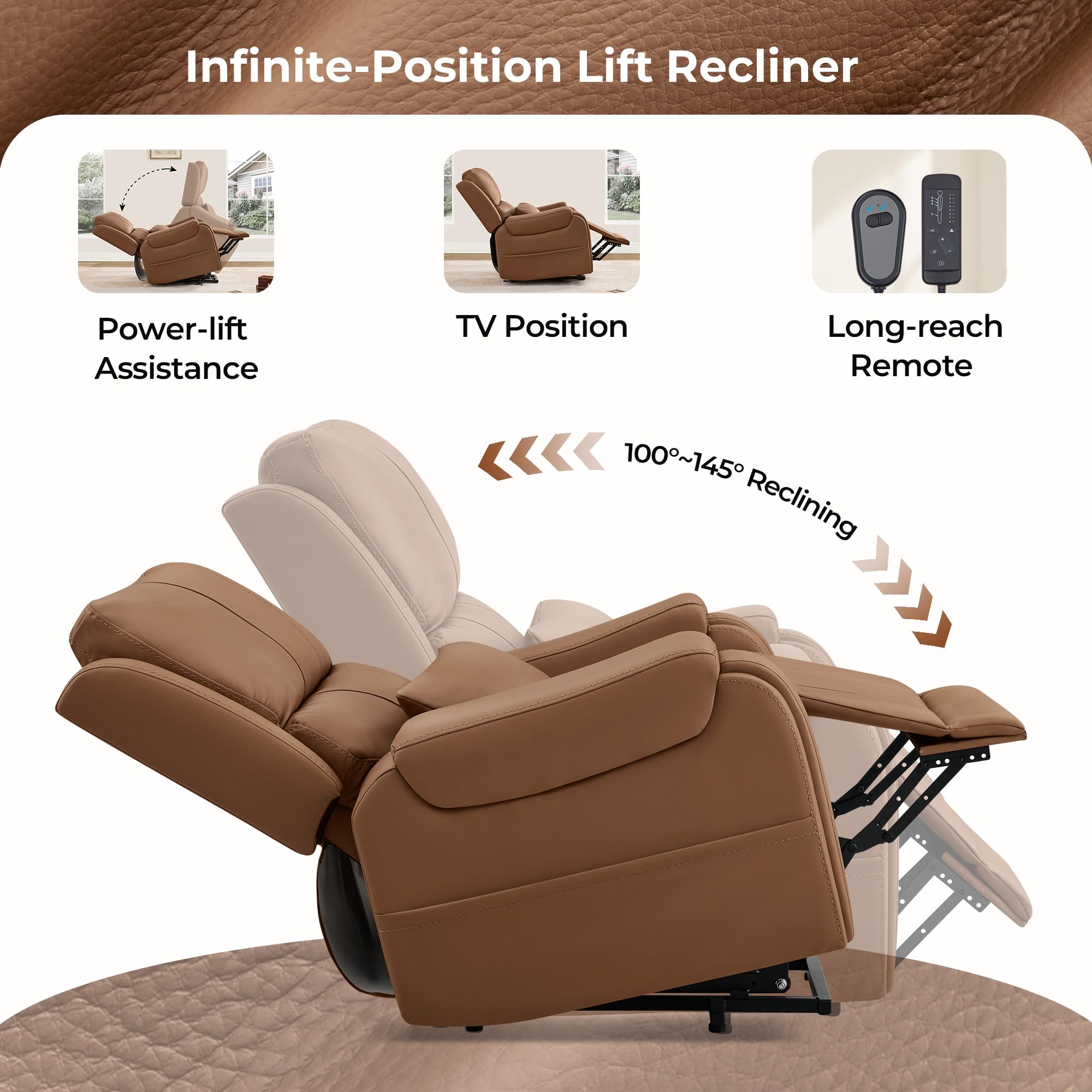 CHITA Power Lift Recliner Chair for Elderly with Heat and Massage, Genuine Leather Electric Lift Chairs with Cup Holder, Removable Lumbar Pillow, 2 Side Pockets, Leather in Saddle
