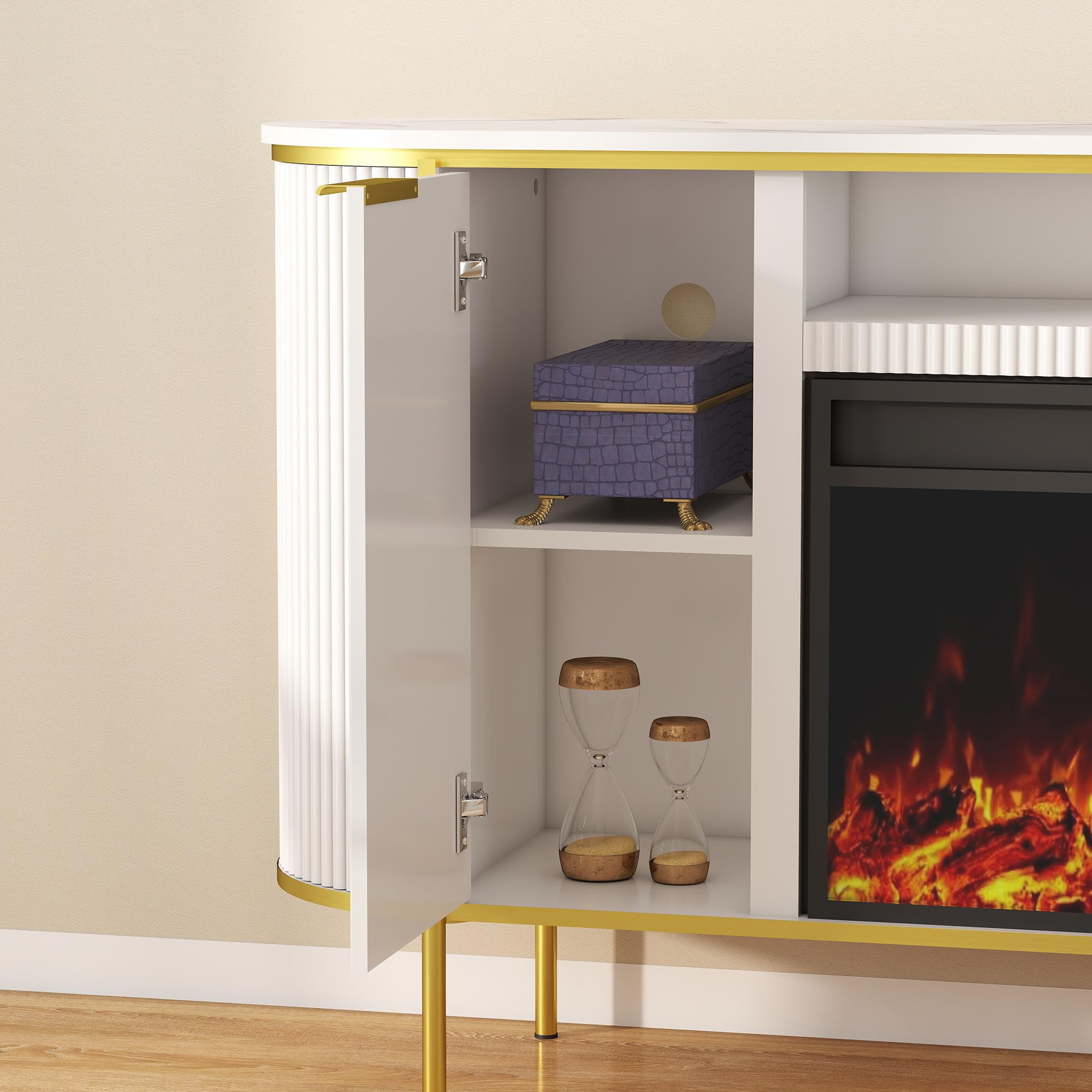 LABROSKIA Fluted Fireplace TV Stand: 70" White Electric Fireplace TV Stand Up to 80 inchs, Luxury Media Console with 30" Electric Fire Place, Modern TVs Consoles for Living Room, Faux Marble Top