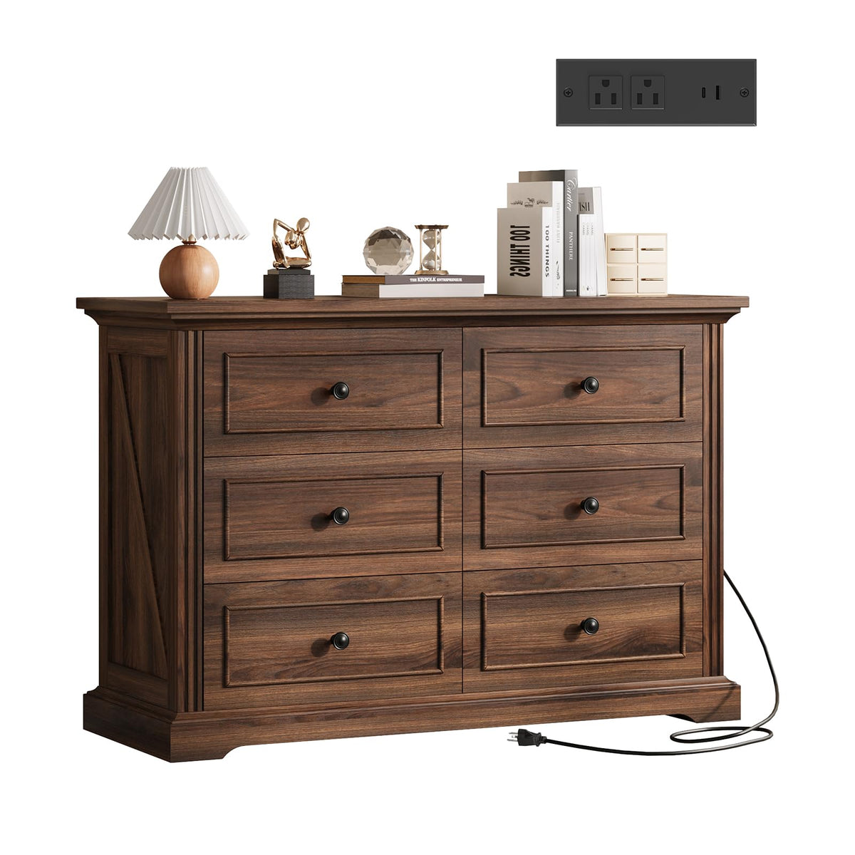 QUW Farmhouse 6 Drawer Dresser for Bedroom, 47" Wide Wood Chest of Drawers with Charging Station, Metal Handle, Modern Closet Clothes Storage Organizer for Living Room, Hallway, Entryway, Dark Walnut