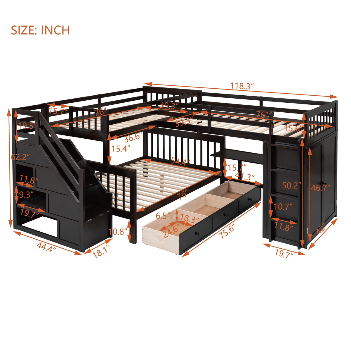 Bellemave L Shaped Triple Bunk Bed with Storage Staircase, Wardrobe, Desk & Drawers, Wooden Bunk Bed for 3 Kids, Twin Over Full Bunk Beds, L-Shaped Loft Bed for Kids, Teens, Adults (Espresso)