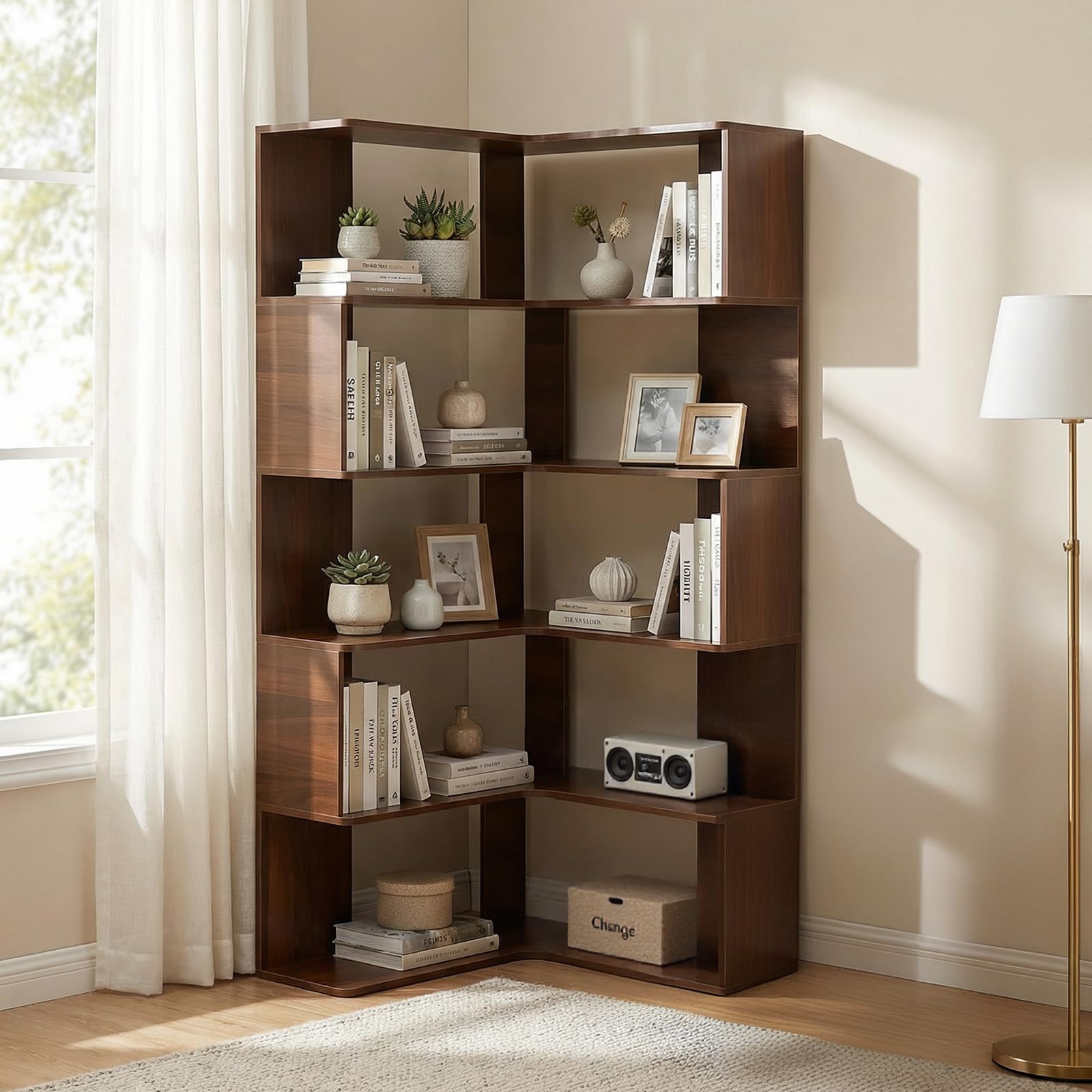 L-Shaped Corner Bookshelf, 6-Tier Open Storage