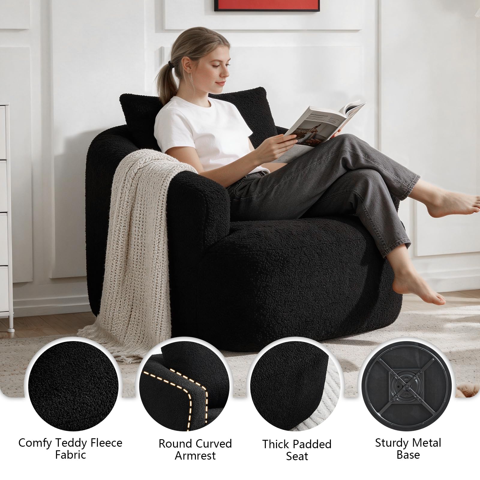 360° Swivel Accent Chair – Boneless Oversized Teddy Velvet Armchair