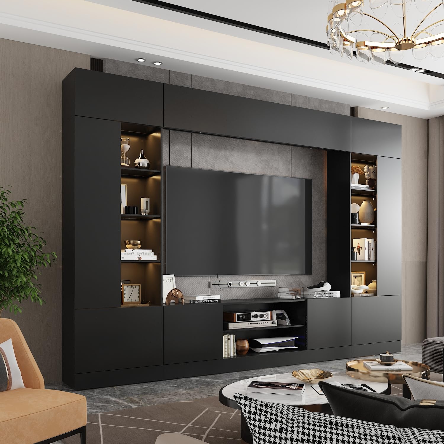 WOODTIME 114" Large Wall Unit Entertainment Center with Bookshelves, Lights and 18 Shelves, Modern 4-Piece TV Stand Media Console Table with Bridge Cabinet for Living Room & Home Theater, Black