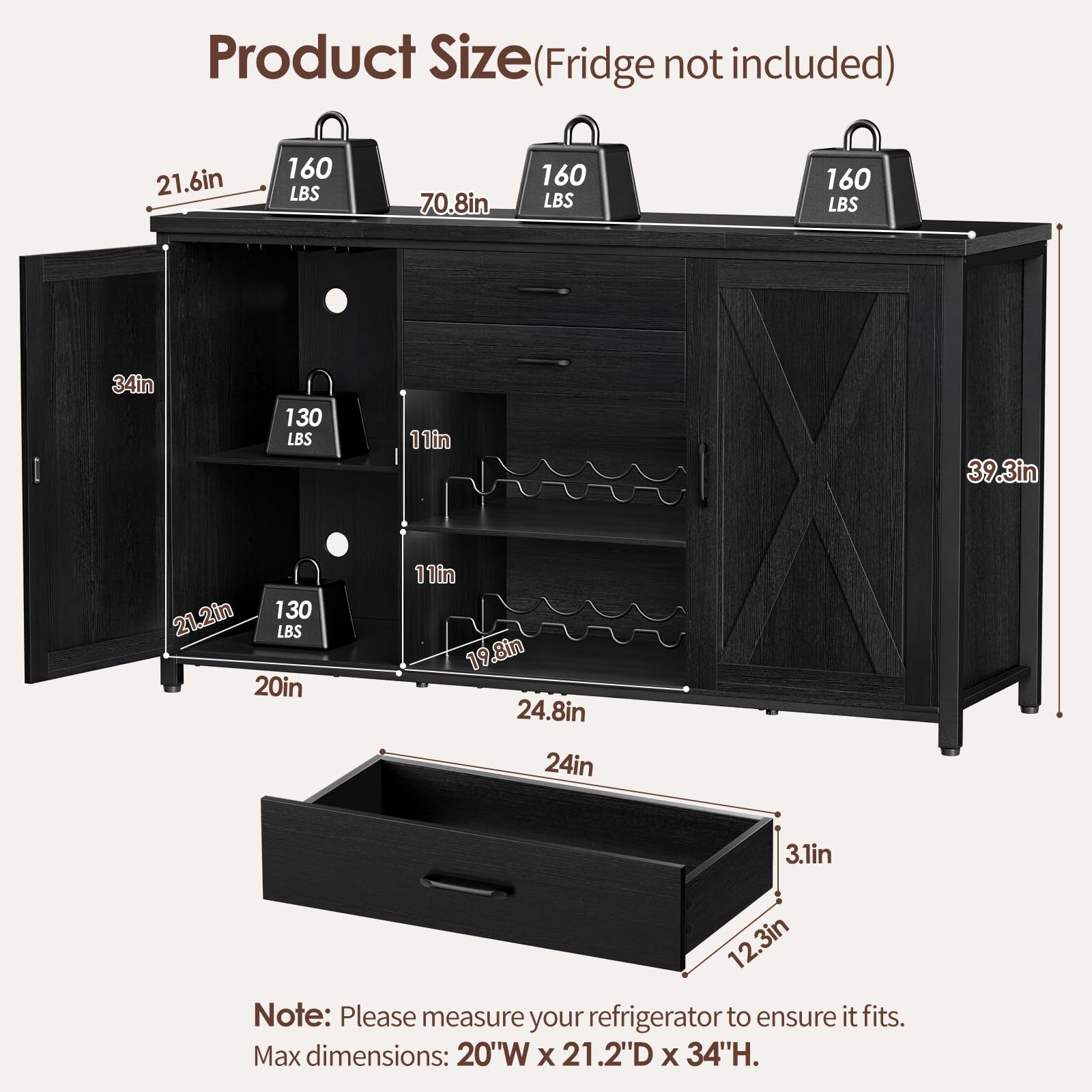 Leteuke Large Coffee Bar Cabinet with 2 Fridge Space, 70.8" L Kitchen Wine Cabinet, Wood Buffet Sideboard Table Station, Farmhouse Liquor Cabinet with Drawers Wine Rack for Home, Living Room-Black