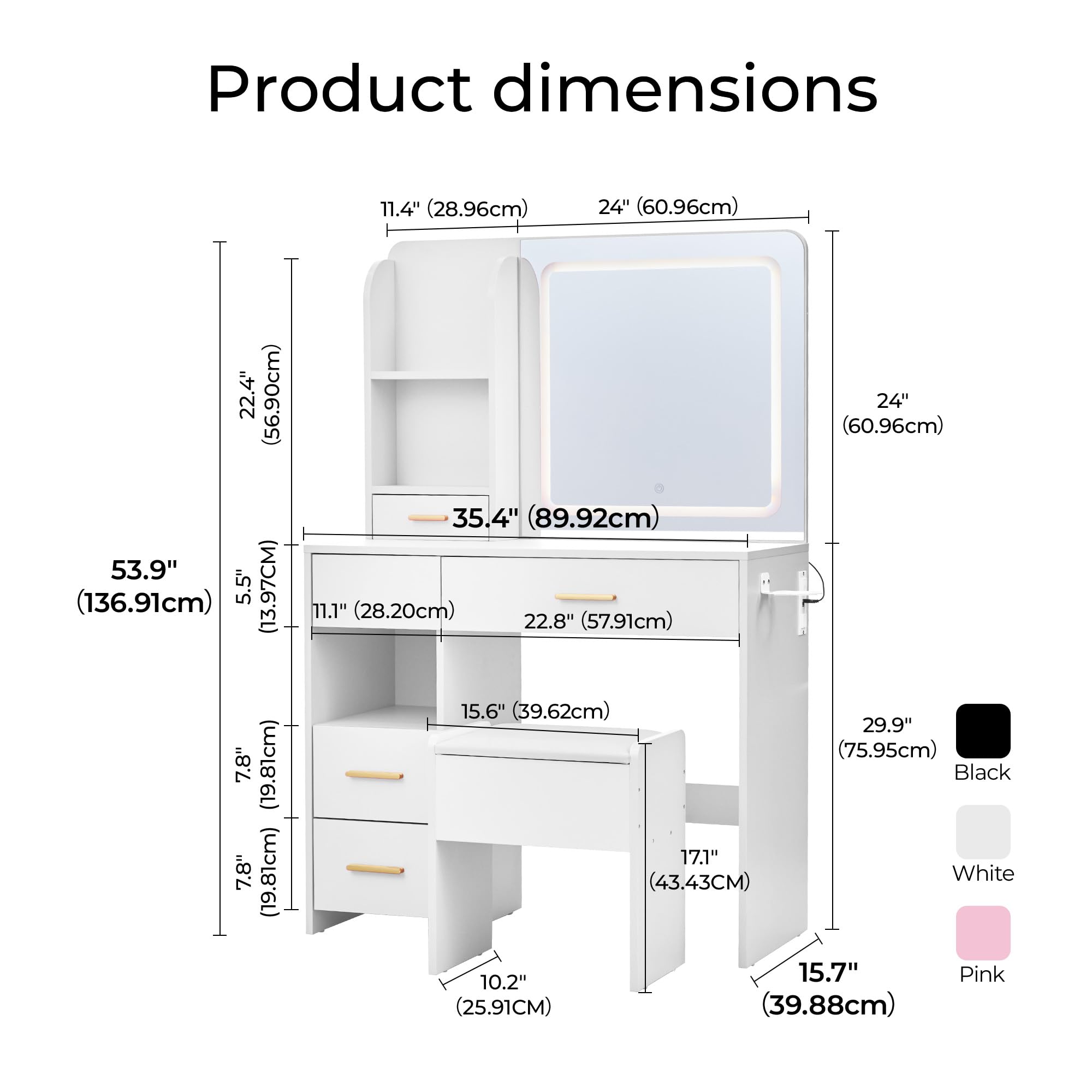 LED Makeup Vanity Desk with Mirror, Drawers & Storage Stool