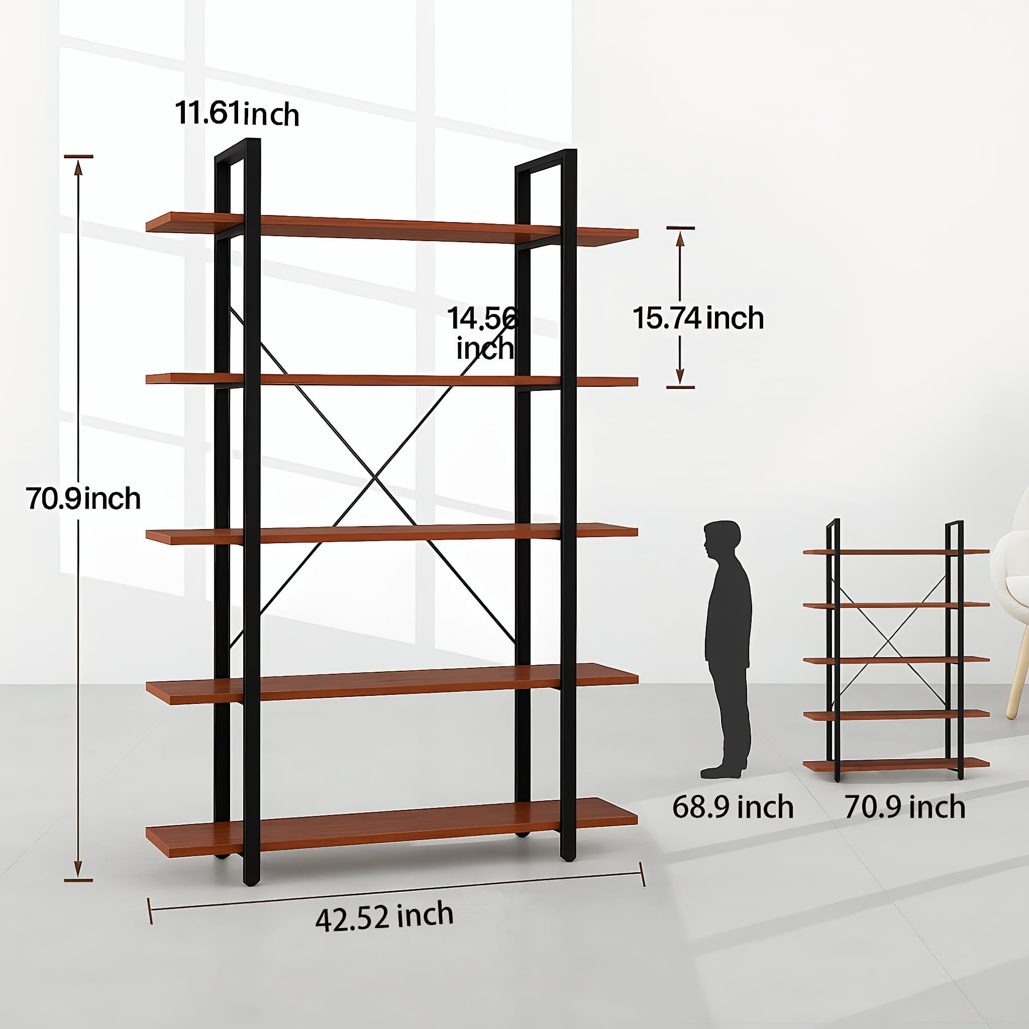 BATHWA Wood and Metal Minimalist 5 Tier Bookshelf, 6 feet Tall Open Rustic Wide Bookcase Industrial Style, Modern Wooden Big Book Shelf for Home Living Room Bedroom Office Storage, Rustic Brown