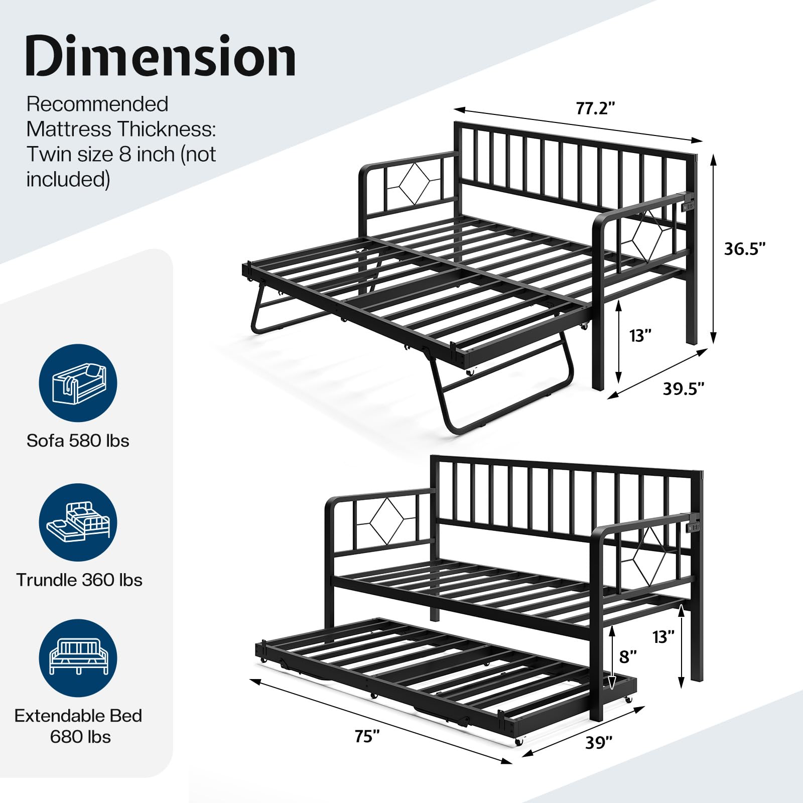Jocisland Twin DayBed with Charging Station and LED Lights, Metal Twin Daybed with Trundle, Versatile Sofa Bed Frame with Steel Slat Support for Living Room, Bedroom, Guest Room, Dark Gray-Black