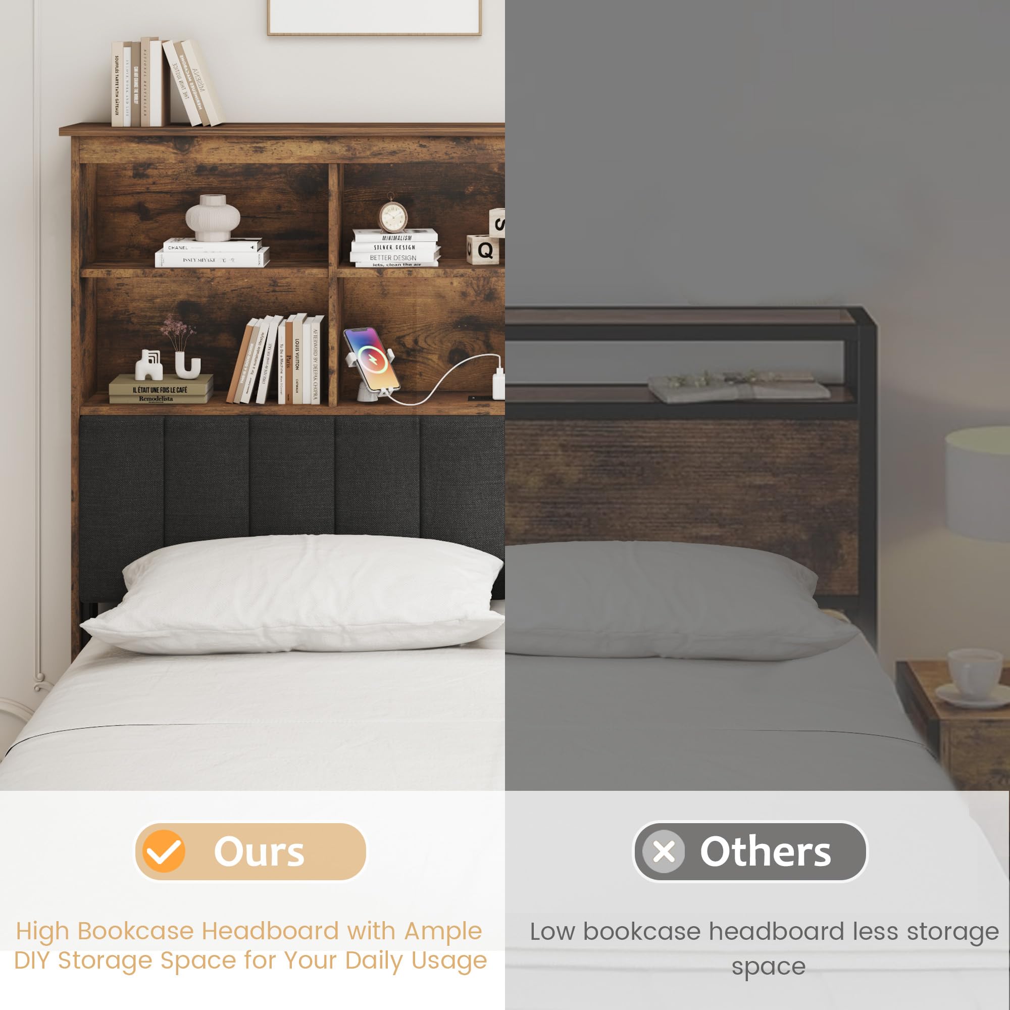Storage Bed Frame with Bookcase Headboard, LED & Charging Station