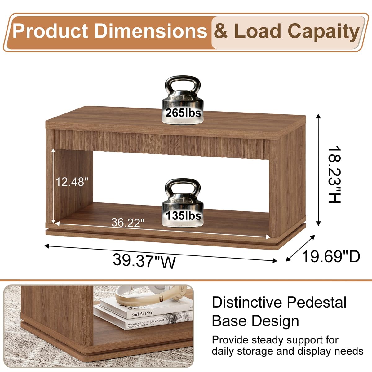 FATORRI Coffee Table with Storage Shelf, 2-Tier Wood Coffee Tables, Farmhouse Rectangular Living Room Center Table with Fluted Panel (Walnut)