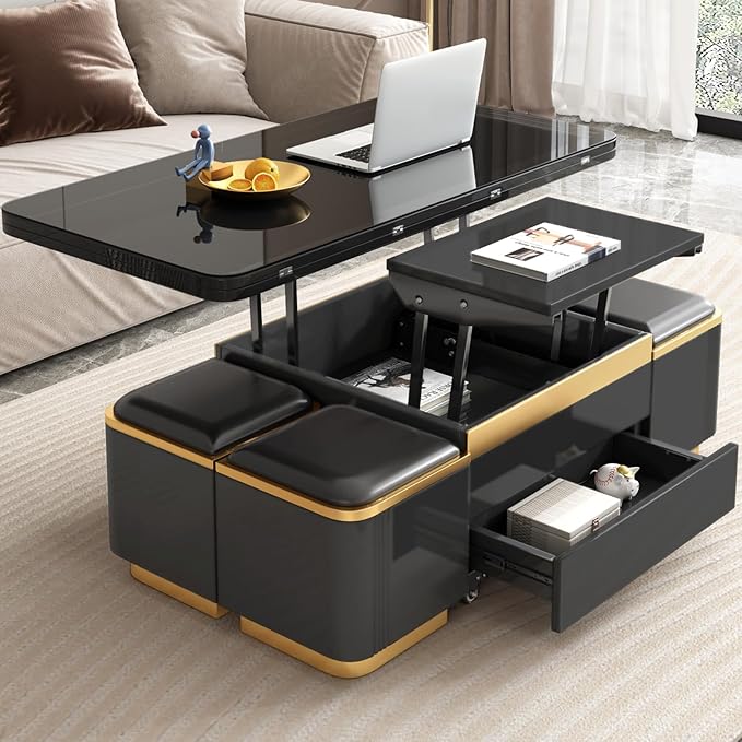 3-in-1 Lift-Top Coffee Table with Storage Stools & Wheels
