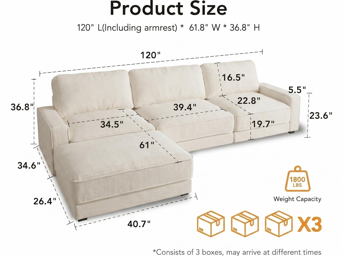 Vipbear 120" Oversized Modular Sectional Sofa, L Shaped Couch Set with 2 Pillows, 4 Seat Comfy Cloud Couches with Movable Ottoman for Living Room, Bedroom and Apartment, Chenille Beige