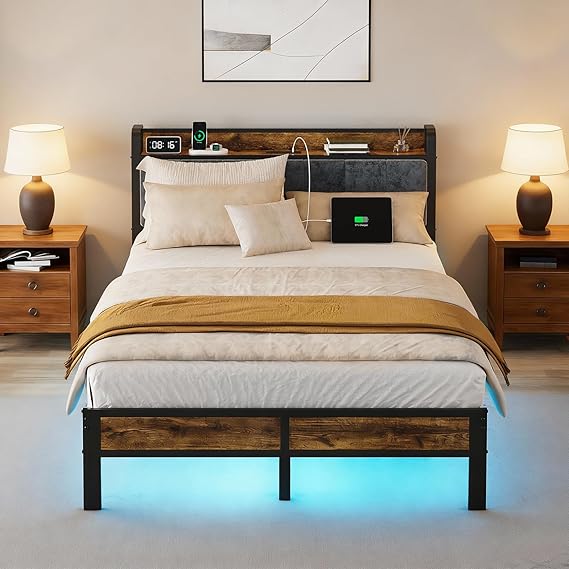 LED Bed Frame with Charging Station & Storage Headboard