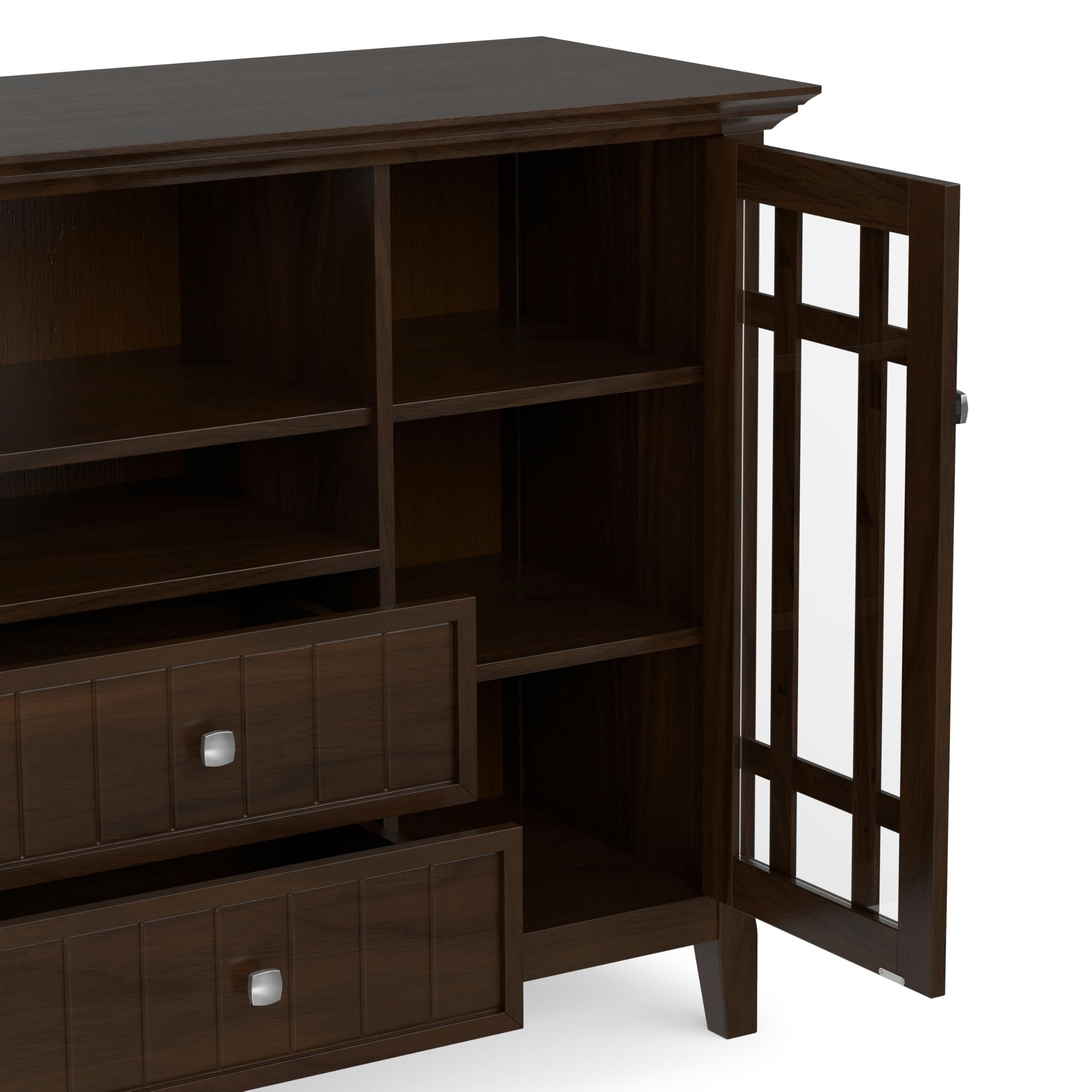 SIMPLIHOME Bedford TV Stand - 53 inch Wide Solid Wood Tall Media Console in Dark Tobacco Brown, Transitional Entertainment Center for Living Room for TVs up to 60 Inches with Cable Management