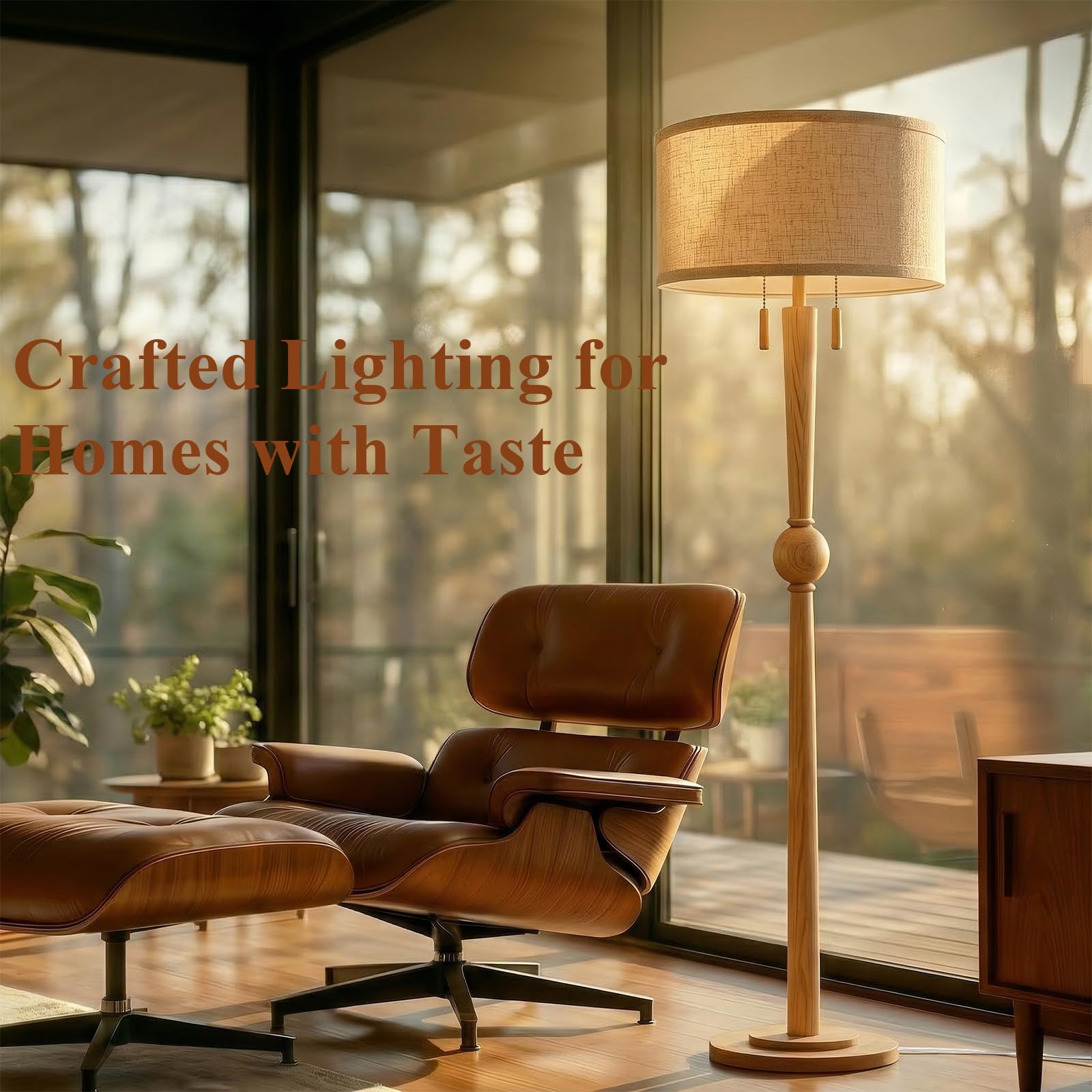 MOFFE 62.8" Solid Wood Floor Lamp,Tall Standing Floor Lamp with 2-Light Pull Chain, 17" Linen Drum Shade, Sculptural Wood Base & Stem,Transitional Floor Lamp for Living Room Bedroom, Includes 2 Bulbs