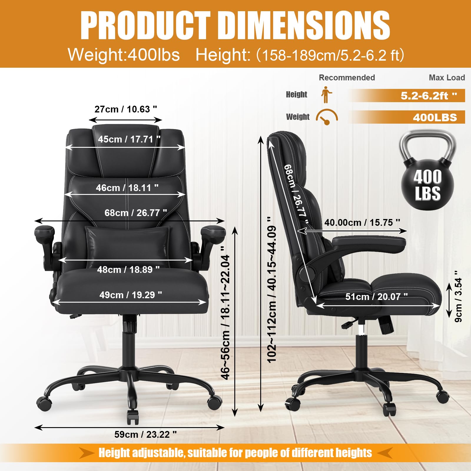 Mid-High Back Leather Office Chair with Flip-Up Armrests