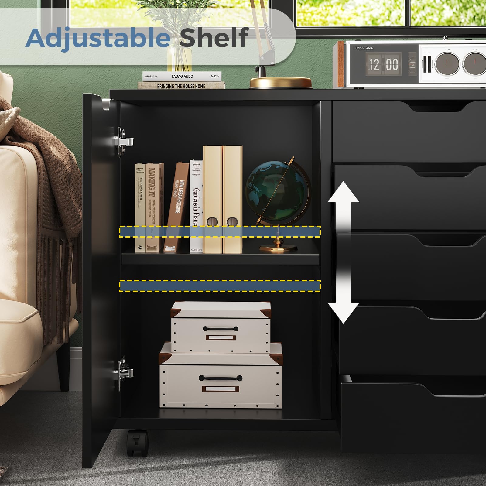 5-Drawer Rolling File Cabinet with Shelves & Door