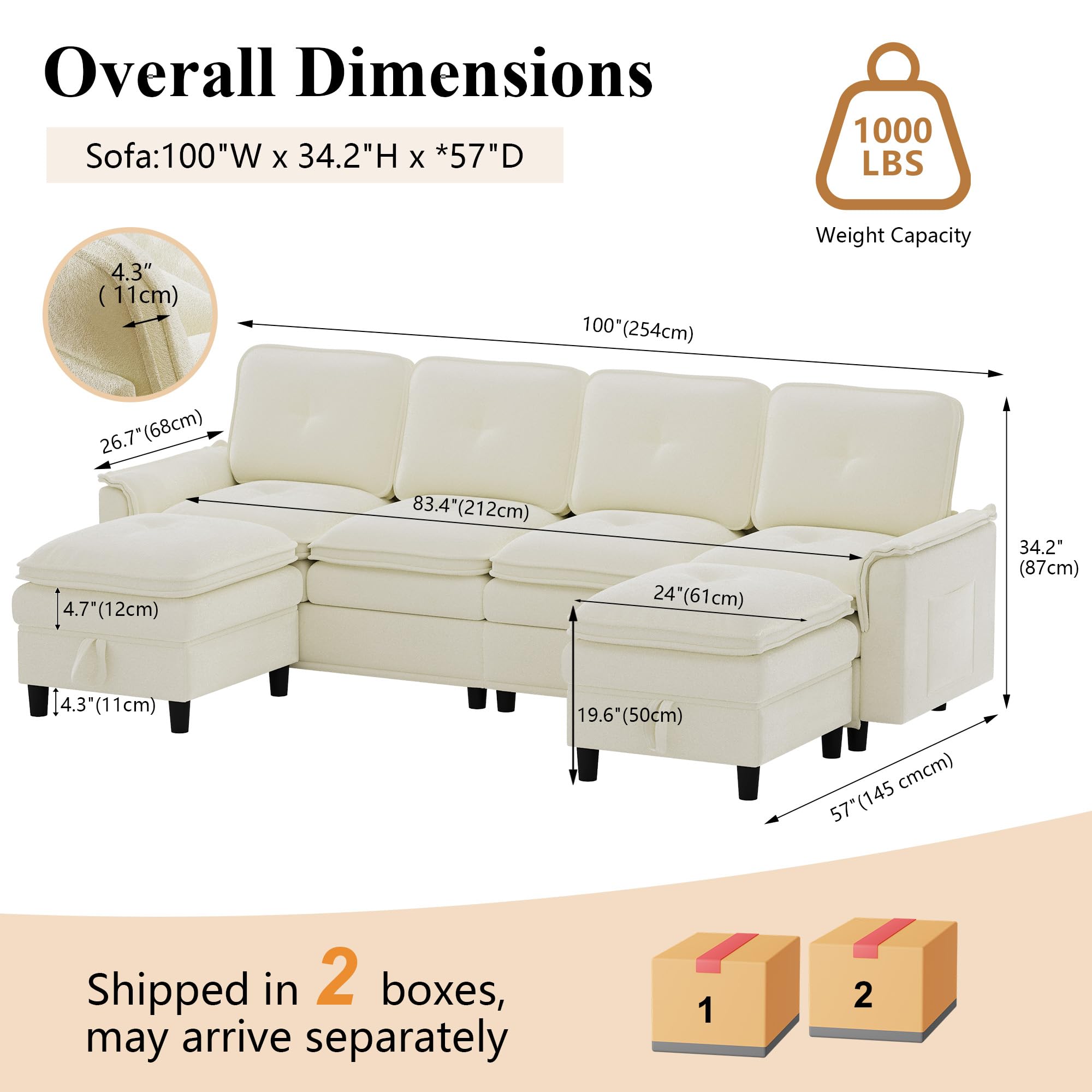 100" Modular Sectional Sofa with Storage Ottoman