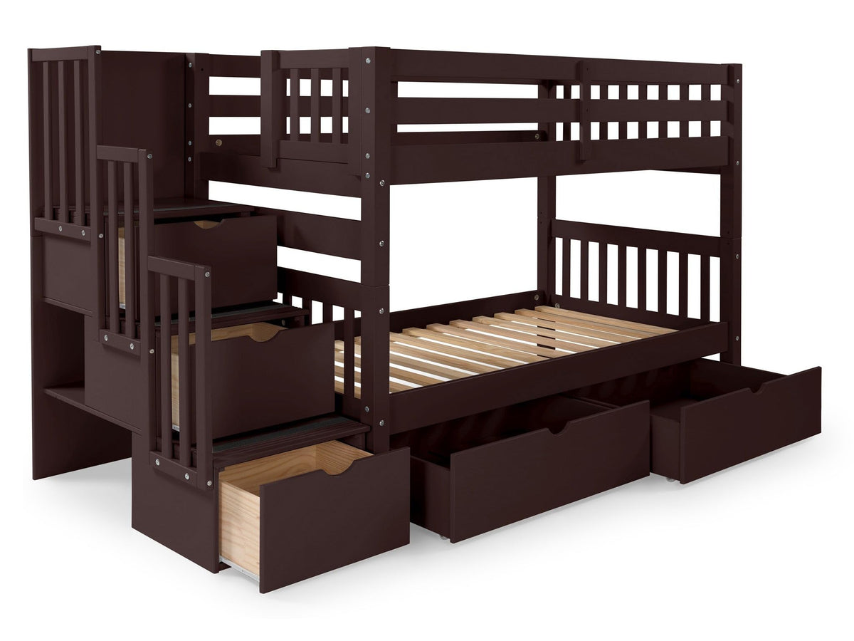 Bedz King Stairway Bunk Beds Twin Over Twin, 3 Step Drawers, 2 Storage Drawers, Dark Cherry