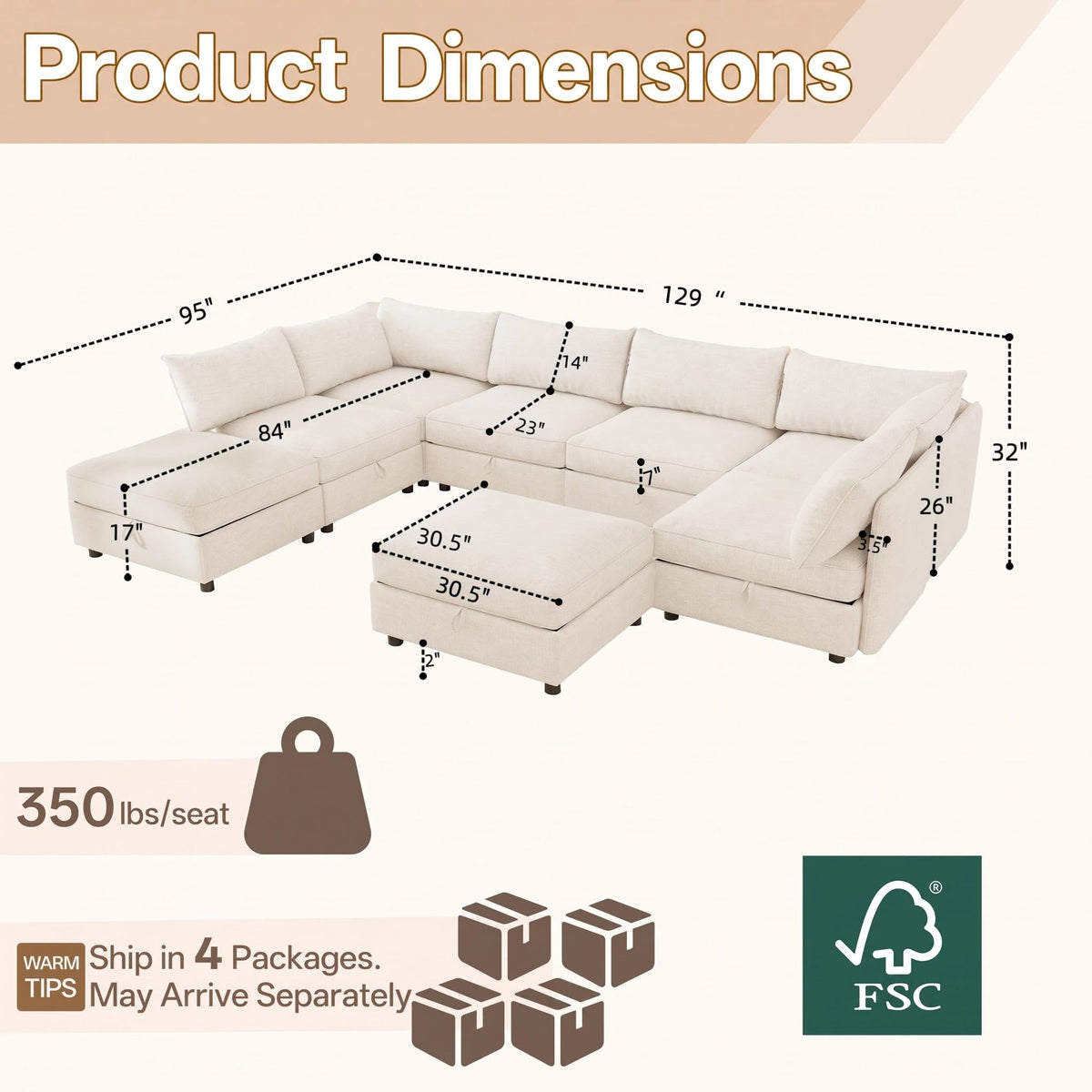 129'' Modular Sectional Sofa,8 Seat Chenille Sectional Sofa with Removable Covers,FSC Certified Modern Sectional Sofa with Storage & Ottoman,Convertible U/L Shaped Couch,Beige Couches for Living Room