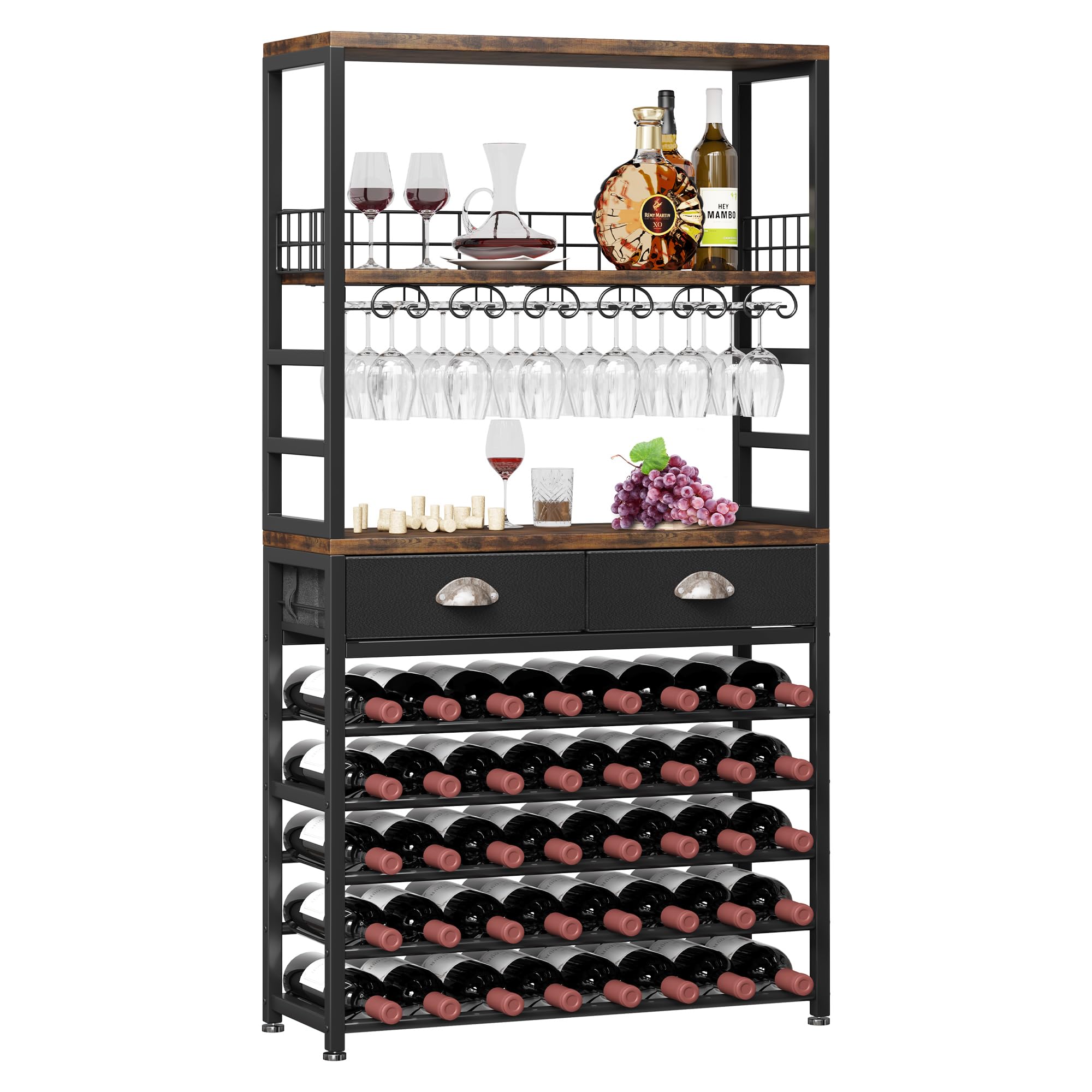 Homeiju Wine Cabinet with Storage, Wine Rack Freestanding Floor, 6-Tier with Tabletop, Drawer and Wine Storage for Home Bars