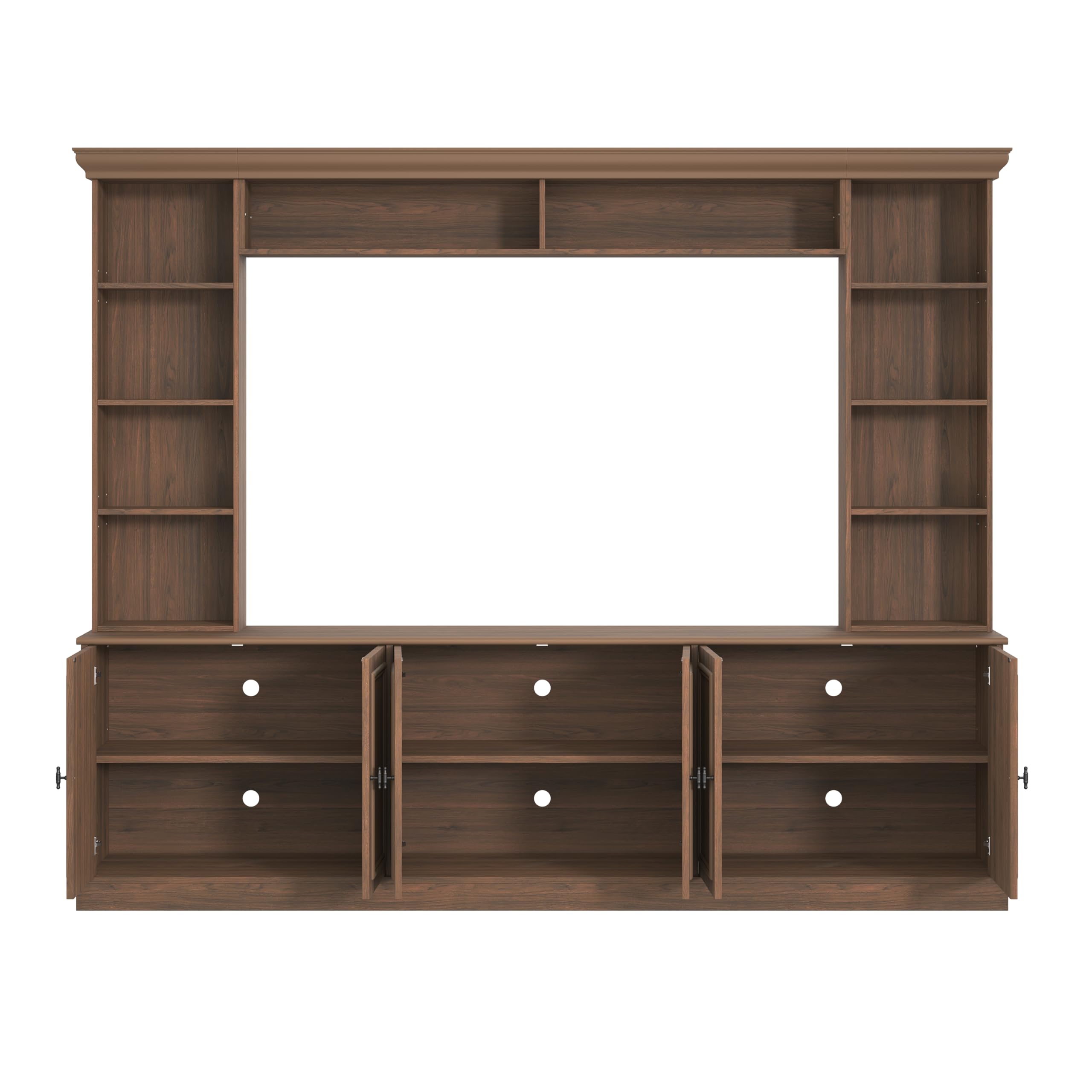 SOFTSEA 4-Piece Entertainment Center Wall Unit for TVs up to 70", Large TV Stand with 6 Doors & Adjustable Shelves, Mid-Century Modern Wall Unit with Bookshelves for Living Room, Walnut