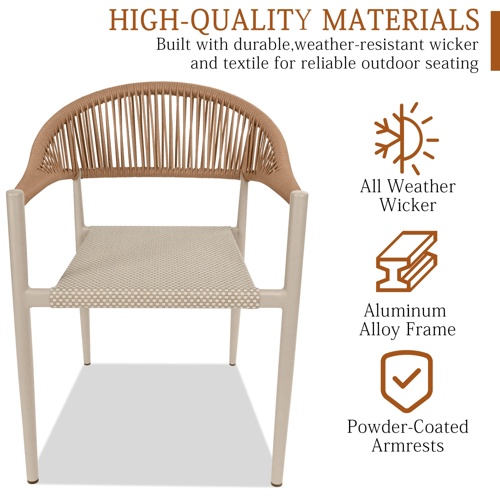 TWT Patio Chairs Set of 4, Outdoor Stackable Dining Chairs for All Weather, Breathable Textilene Garden Furniture for Backyard Deck, Aluminum Alloy Frame, PE Rattan, Light Brown
