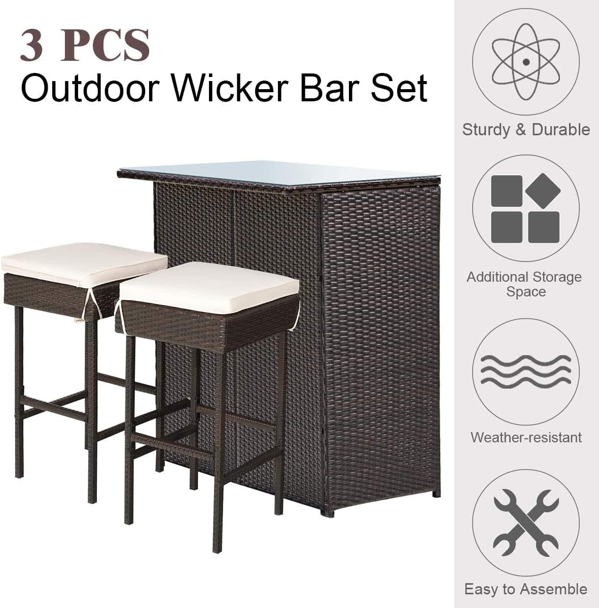 HAPPYGRILL 3-Piece Patio Bar Set Rattan Wicker Bar Stools & Table with Cushions, Storage Shelves, Glass Table Top, for Poolside Garden Balcony Deck Porch