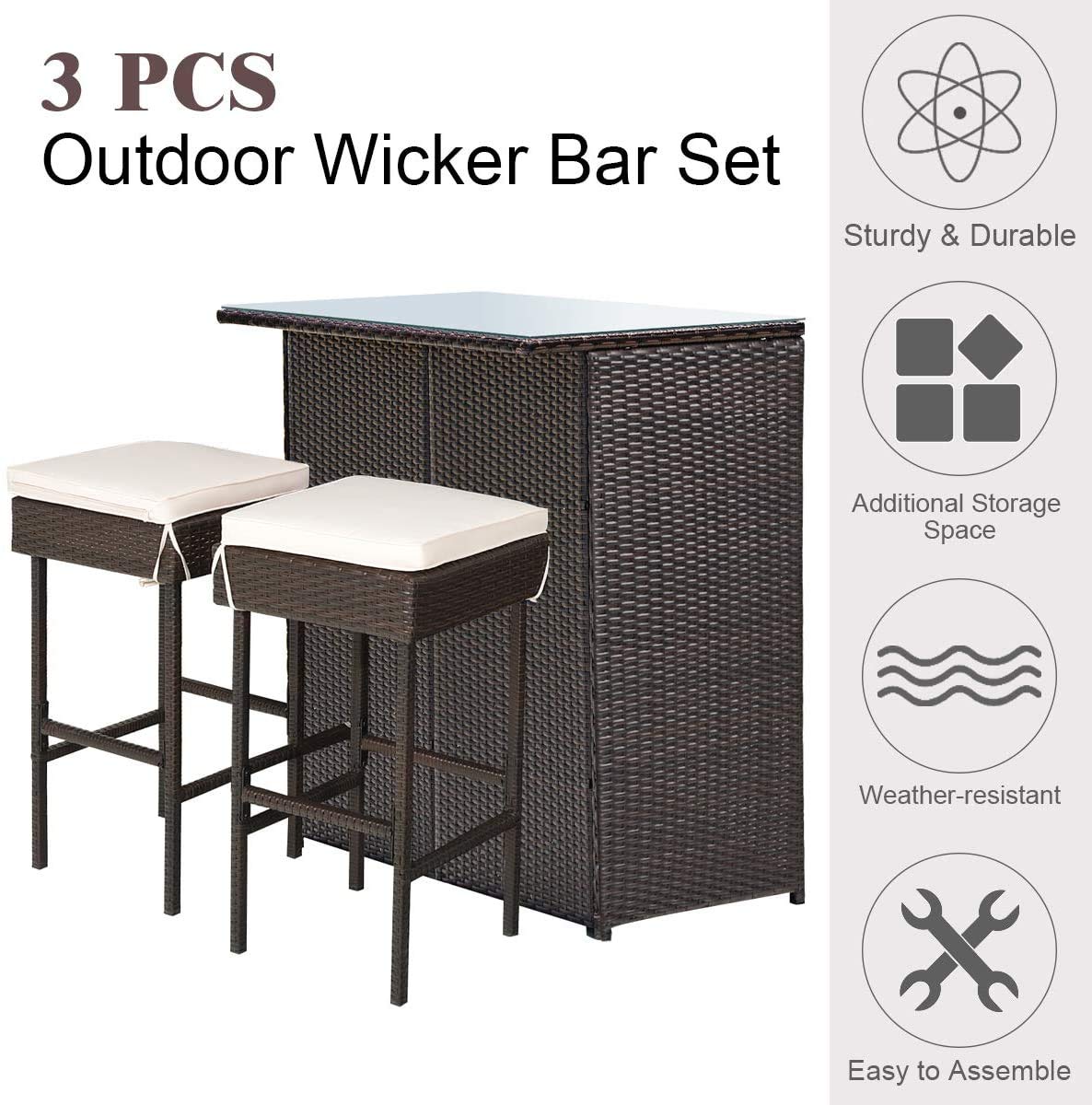 HAPPYGRILL 3-Piece Patio Bar Set Rattan Wicker Bar Stools & Table with Cushions, Storage Shelves, Glass Table Top, for Poolside Garden Balcony Deck Porch