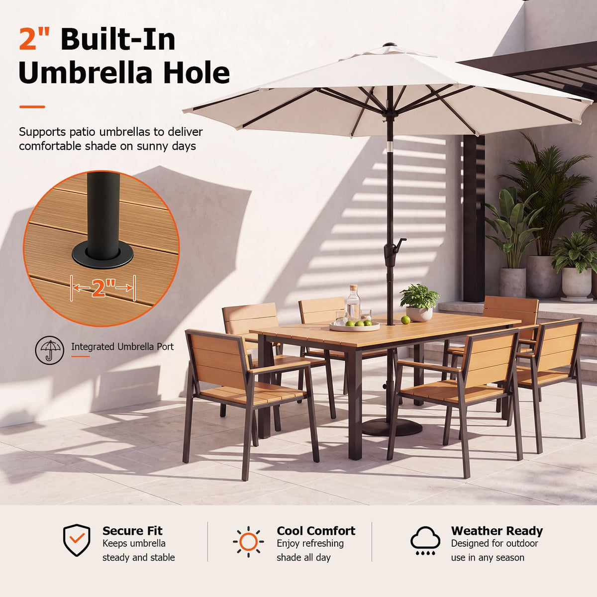 LazySunsets Outdoor Dining Set with Umbrella Hole (Blacky/Teak, 7 Piece)