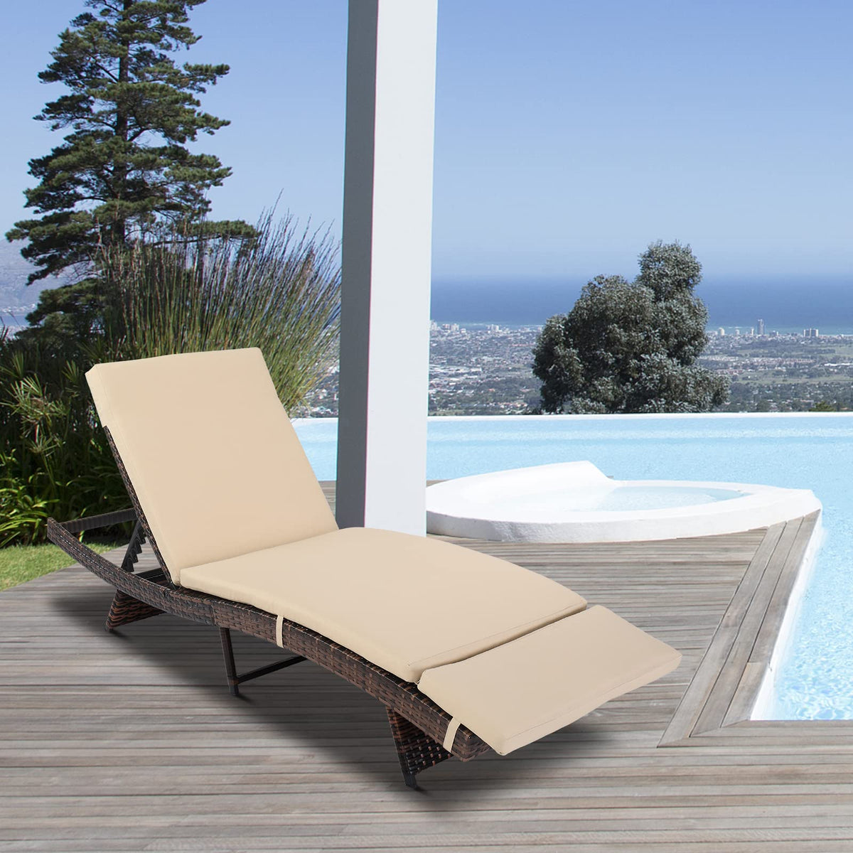 VINGLI Adjustable Patio Wicker Chaise Lounge Outdoor, Rattan Outdoor Lounge Chair, All Weather Patio Chaise Lounge with Adjustable Backrest and Soft Cushions (Brown)
