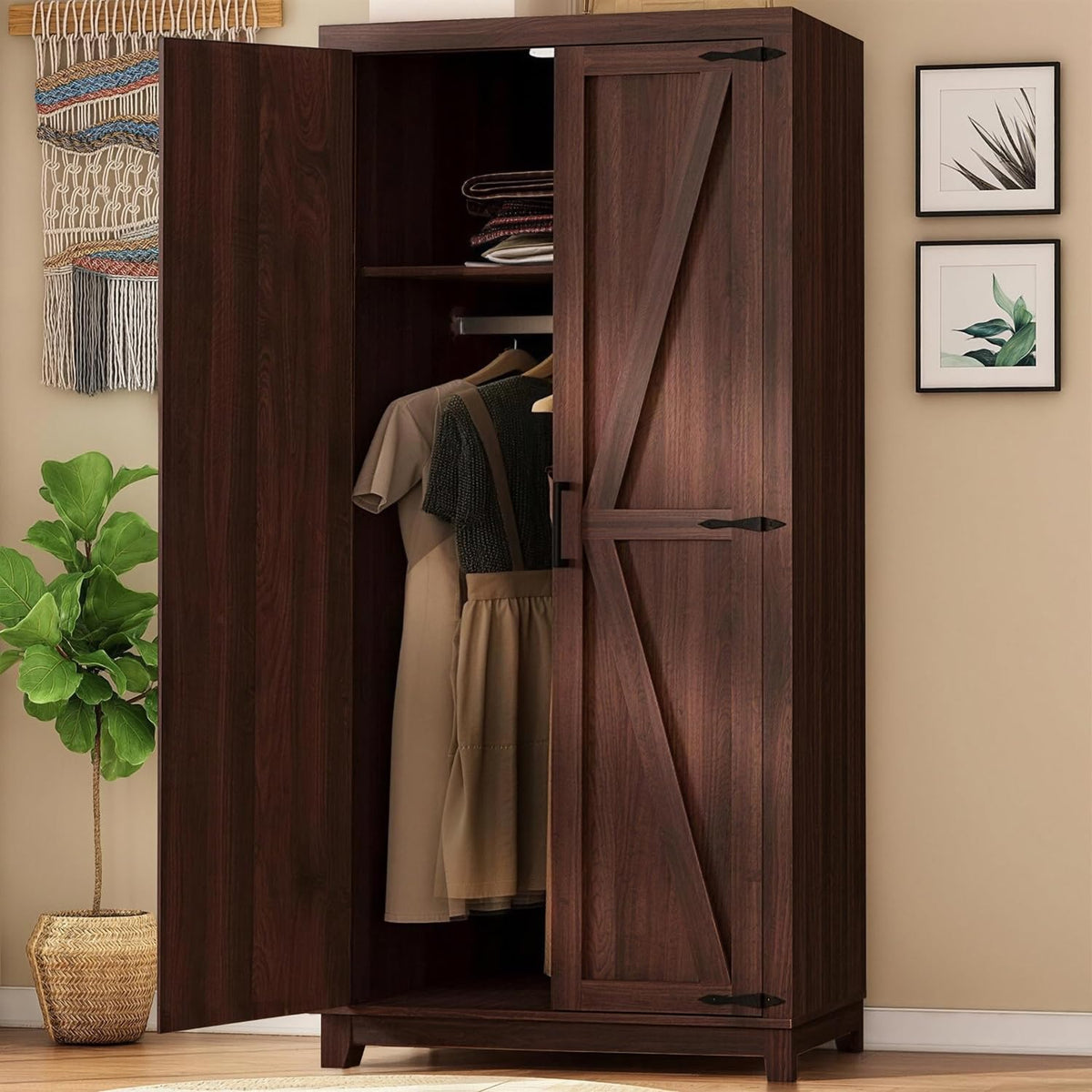 WERSMT 70" Tall Wooden Wardrobe Closet with Doors, Espresso
