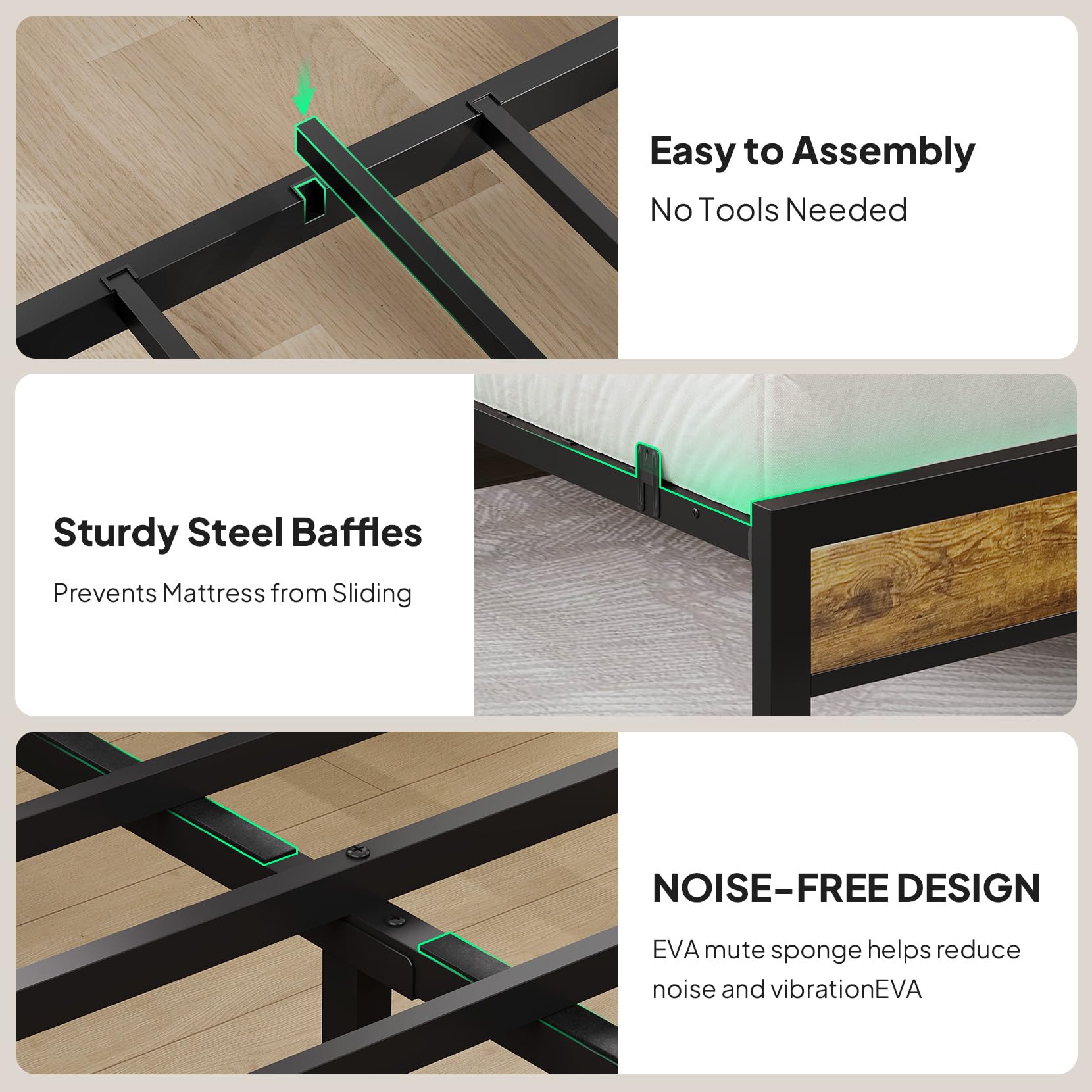 Platform Bed Frame with Storage Headboard, RGB LED Lights & Charging Station