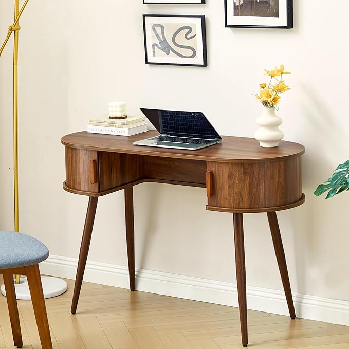 Mid-Century Oval Writing Desk with Drawers & Flip Storage
