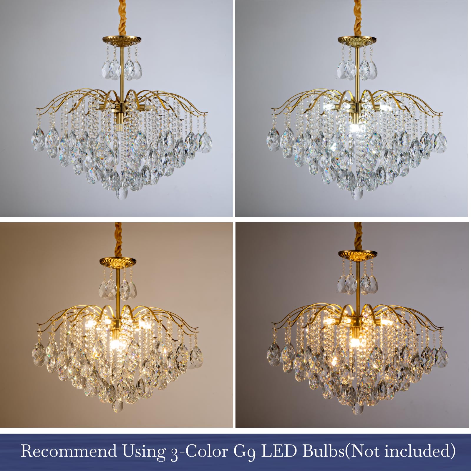 KKQiYuloom 12-Light Modern Gold Pendant Chandelier Crystal Middle Century Dining Room Raindrop Lighting Ceiling Light Fixture Lamp for Bath Room Bed Room Living Room Required D26inxH22.4in