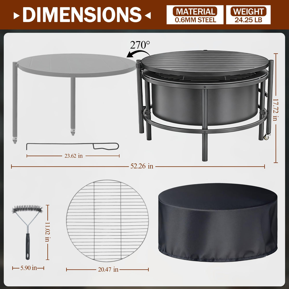 TMWINGS Large Outdoor Fire Pit with Poker, Round Wood Burning Firepit Bowl