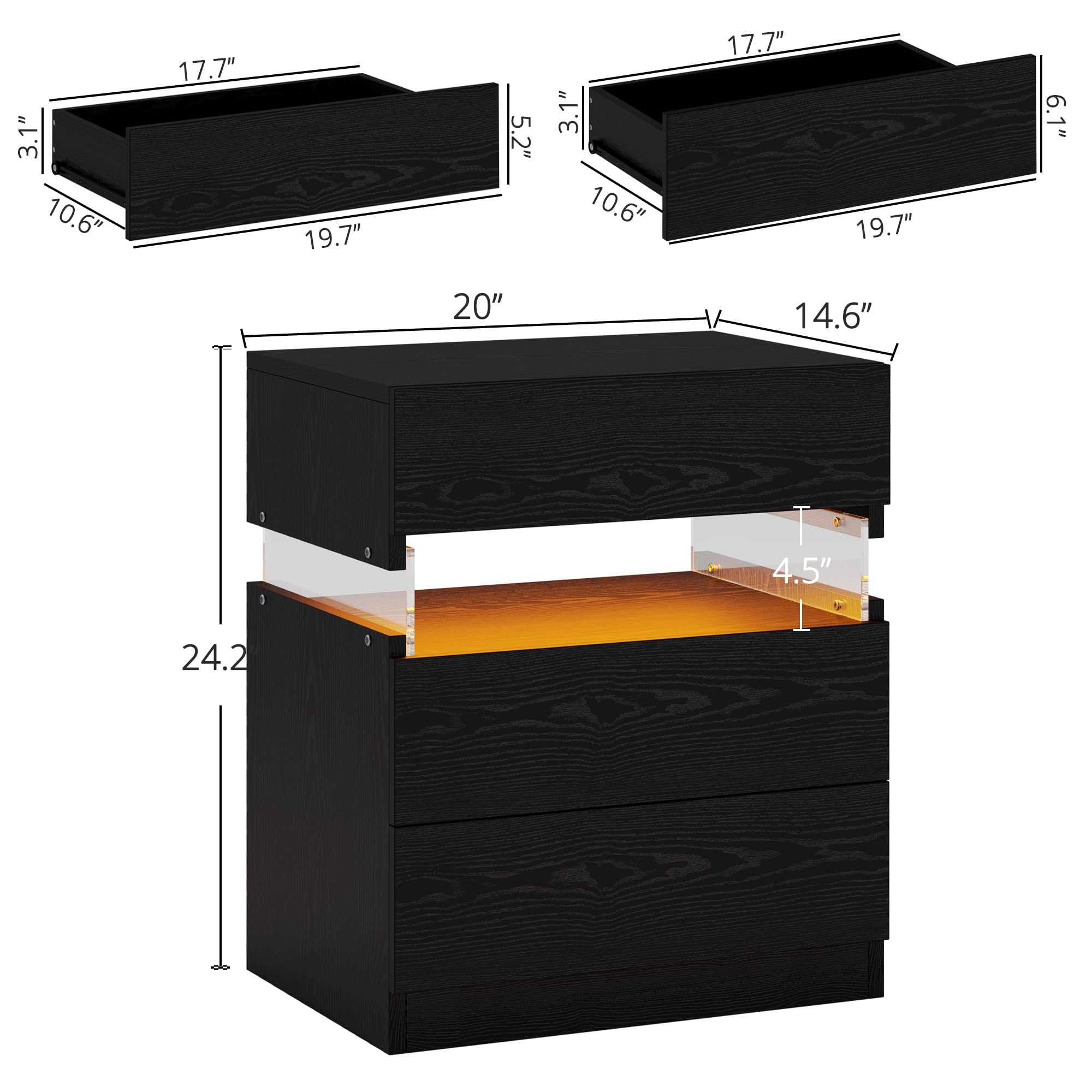 Nightstand with 3 Drawers & RGB LED Light