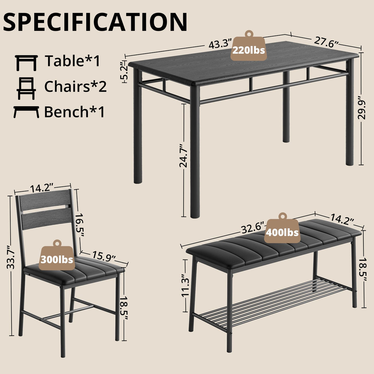 IRONCK Dining Table Set for 4, Kitchen Table and Chairs Set, Black