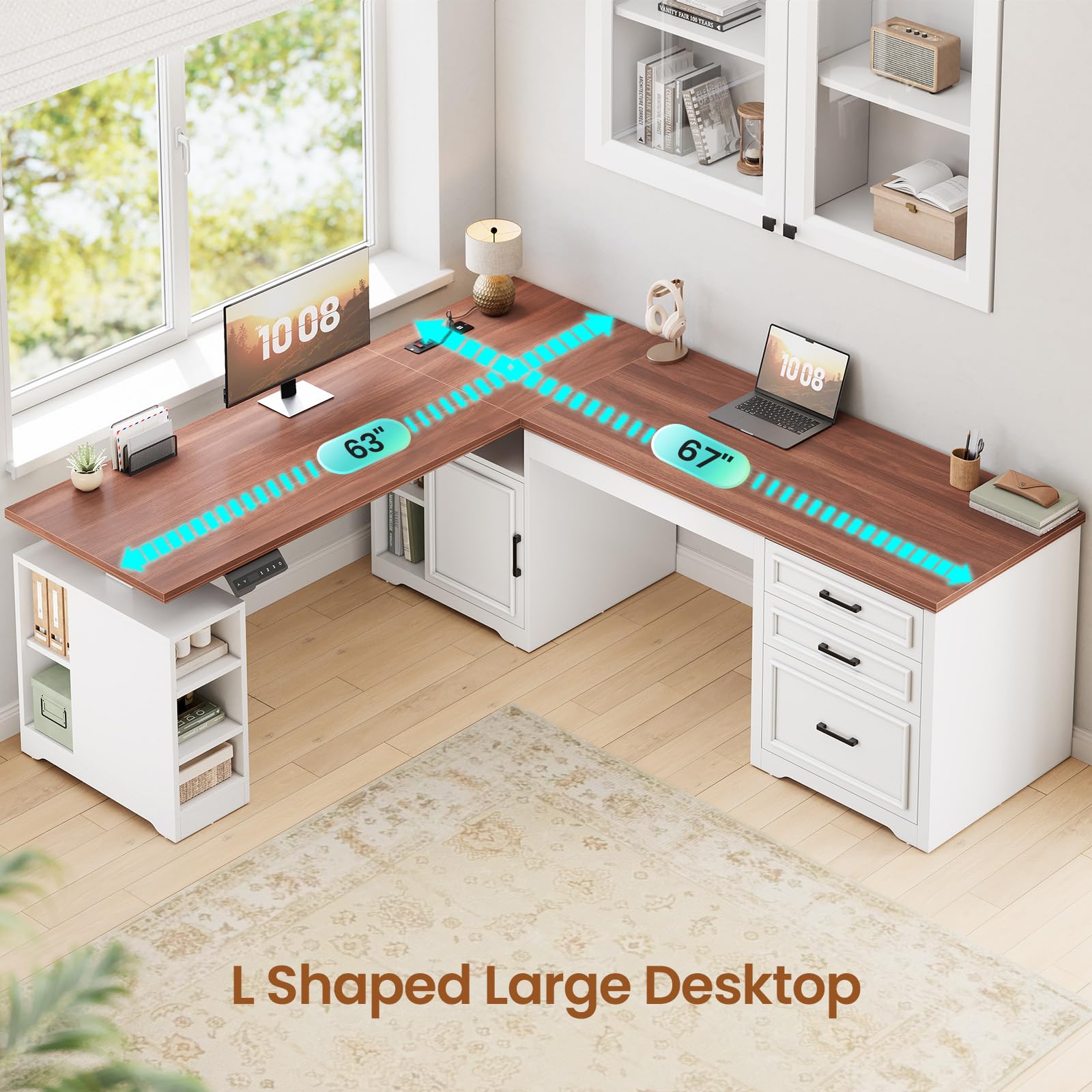 L-Shaped Electric Standing Desk with Drawers & Shelves