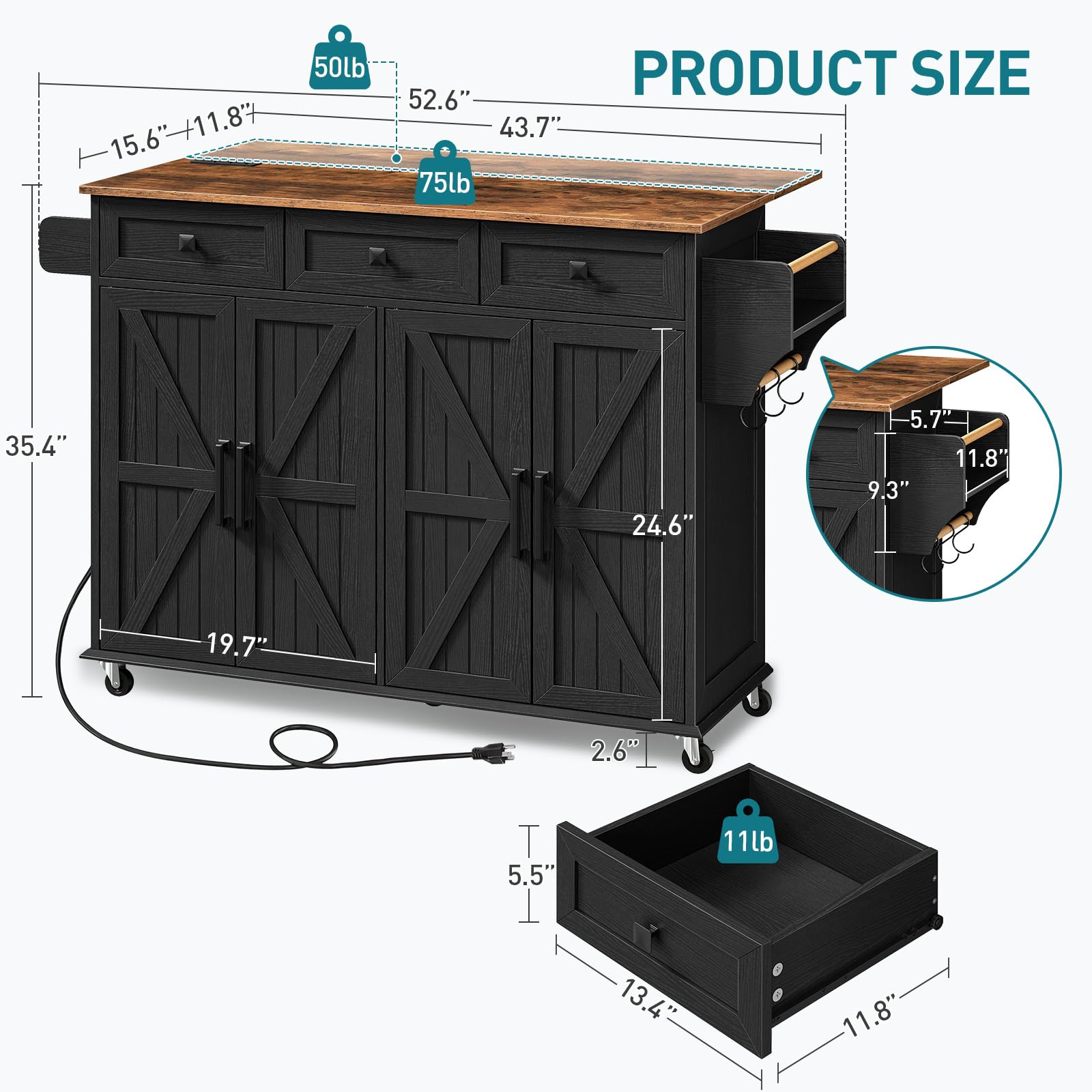 Kitchen Island Cart with Drop Leaf & Power Outlet
