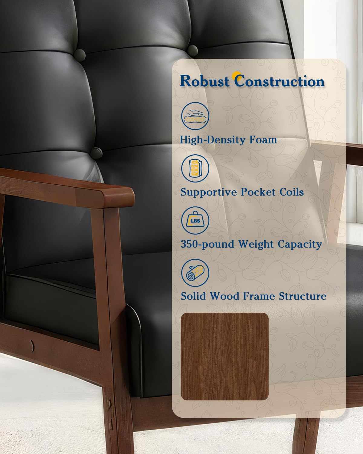 AODAILIHB Black Leather Accent Chairs Set of 2 - Mid Century Modern Armchair with Solid Wood Frame, Comfy Upholstered Reading Chair for Living Room, Office, Waiting Room