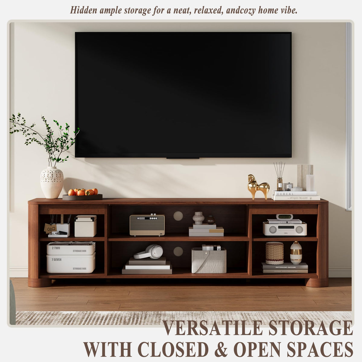 YANSNWO 70" TV Stand for TVs Up to 80" with Rounded Corners, Walnut