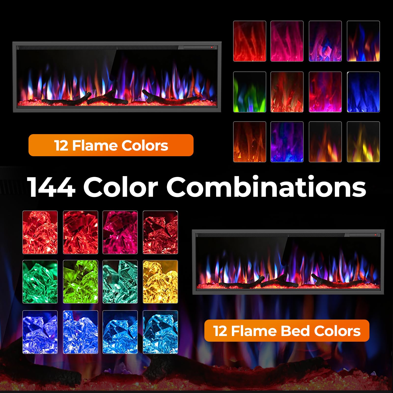 R.W.FLAME 50" Recessed and Wall Mounted Smart Electric Fireplace, Alexa/WiFi Enabled, APP Control with Multiple Sound Modes, Adjustable Flame Colors and Speed, Available with Log & Crystal Options
