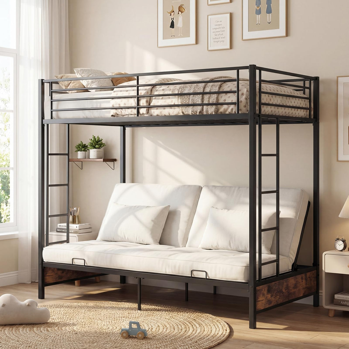 GIANTEX Twin Over Twin Futon Bunk Bed, Convertible Metal Bunk Bed with Futon Frame, 2 Ladders & Safety Guardrails, Heavy Duty Sofa Couch Beds with Under-Bed Space, for Kids, Adults (Rustic Brown)