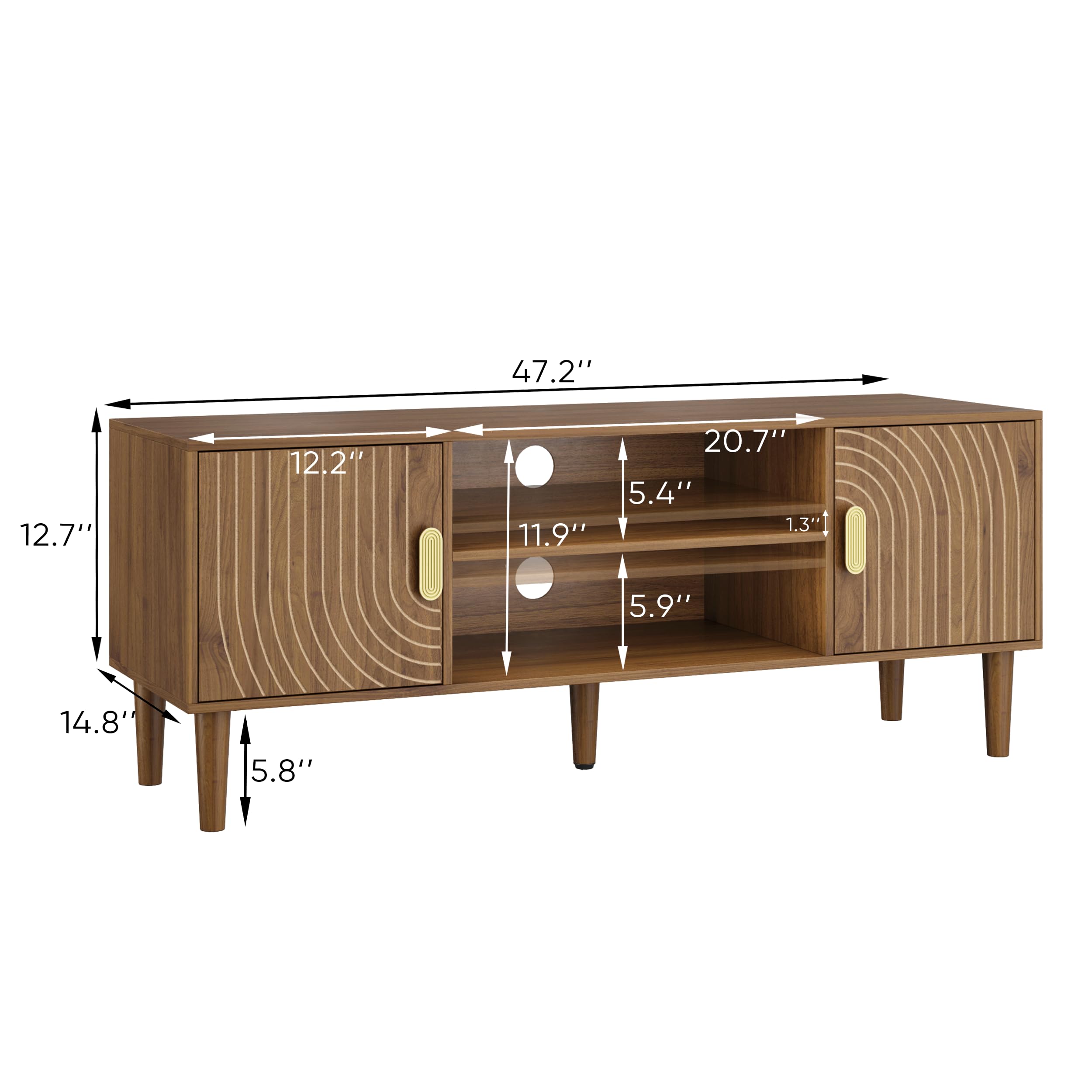 Smuxee Walnut TV Stand with Line Groove Design, 47.2" Mid Century Modern TV Media Console for TVs up to 55", TV Cabinet with Adjustable Shelf & 2 Cabinets for Living Room
